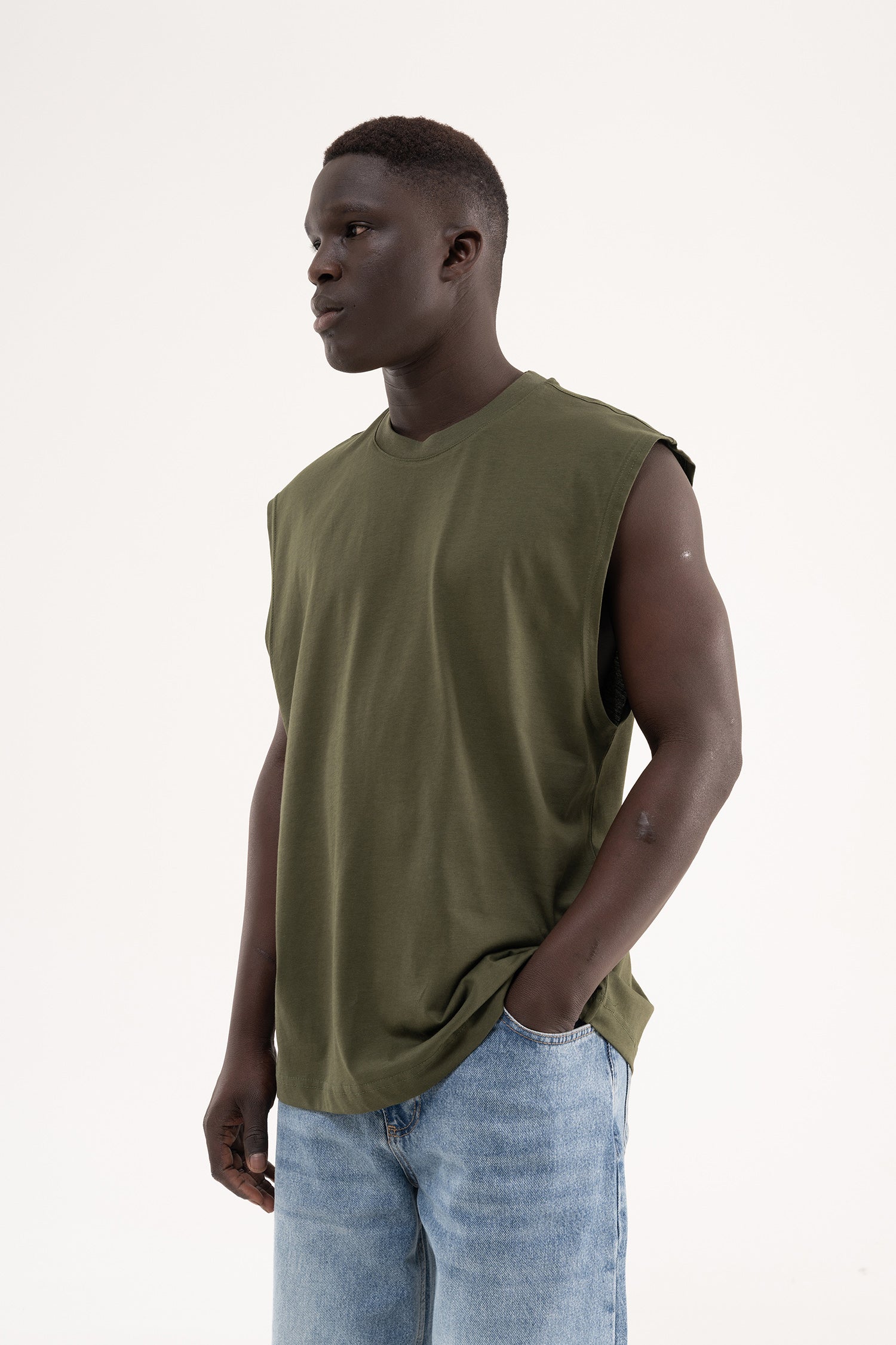 Erkek Oversize Bisiklet Yaka Basic Atlet Koyu Haki-3