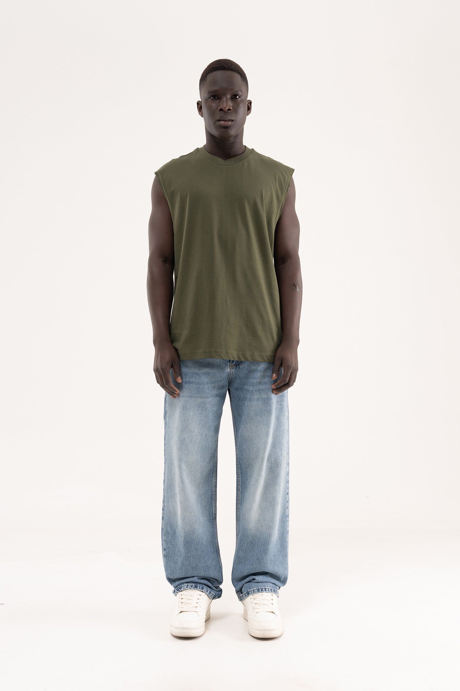 Erkek Oversize Bisiklet Yaka Basic Atlet Koyu Haki-6
