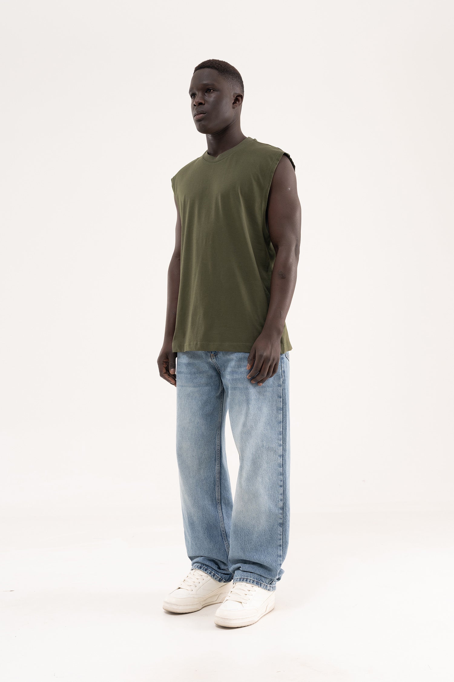 Erkek Oversize Bisiklet Yaka Basic Atlet Koyu Haki-7