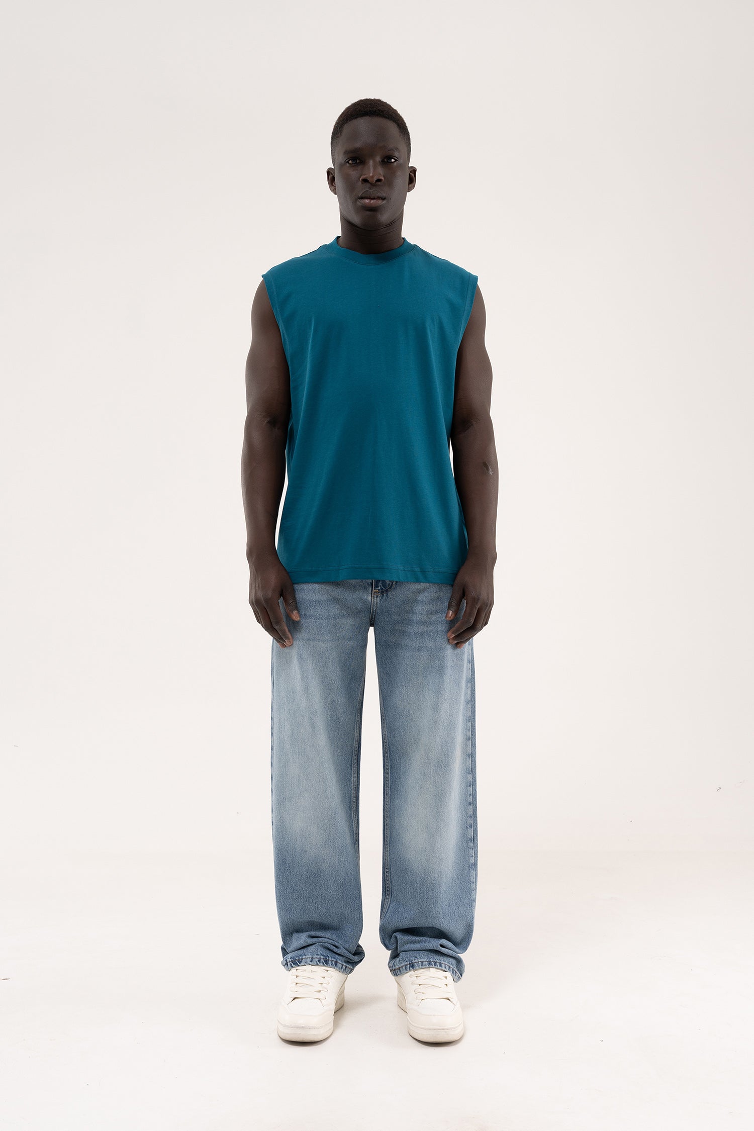 Erkek Oversize Bisiklet Yaka Basic Atlet Koyu Petrol-6