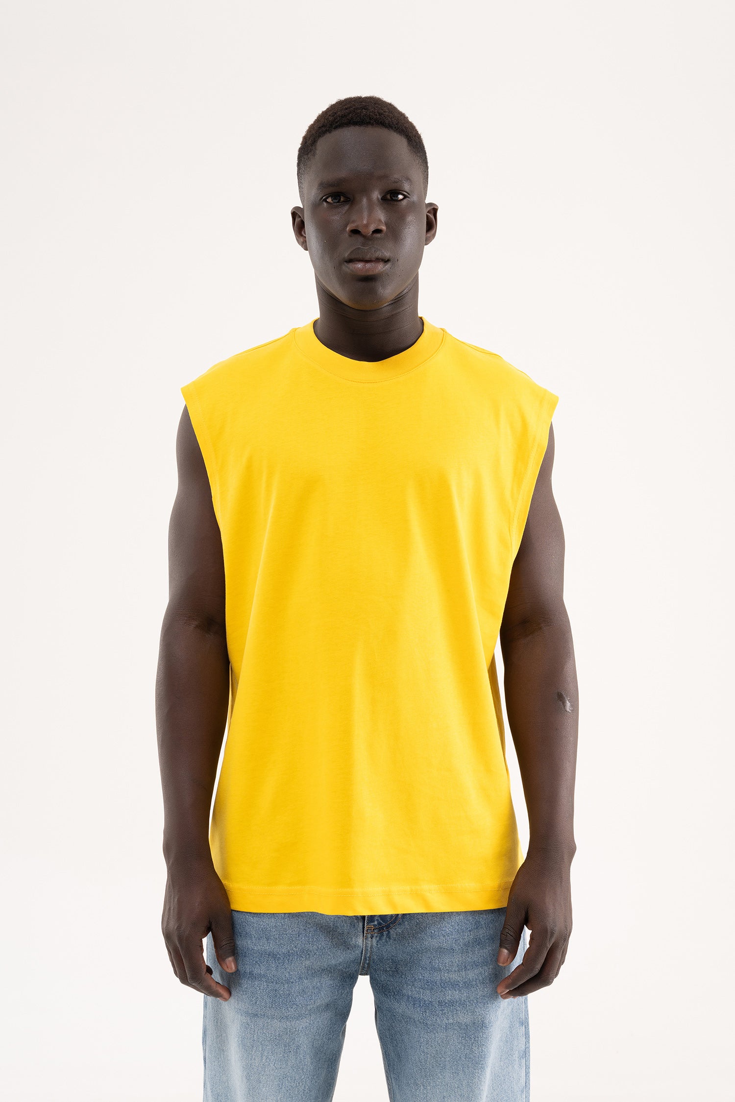 Erkek Oversize Bisiklet Yaka Basic Atlet Koyu Sarı