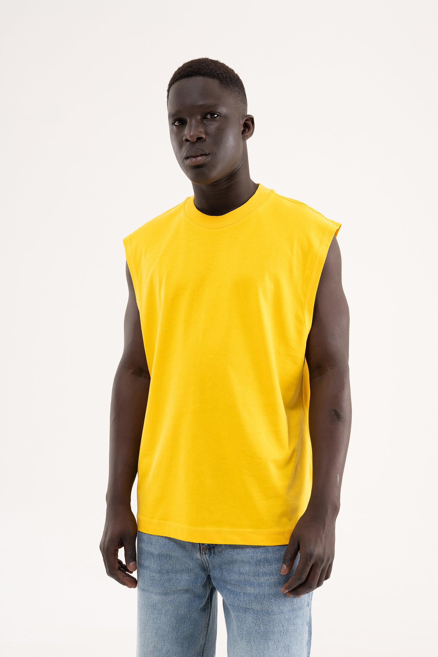 Erkek Oversize Bisiklet Yaka Basic Atlet Koyu Sarı