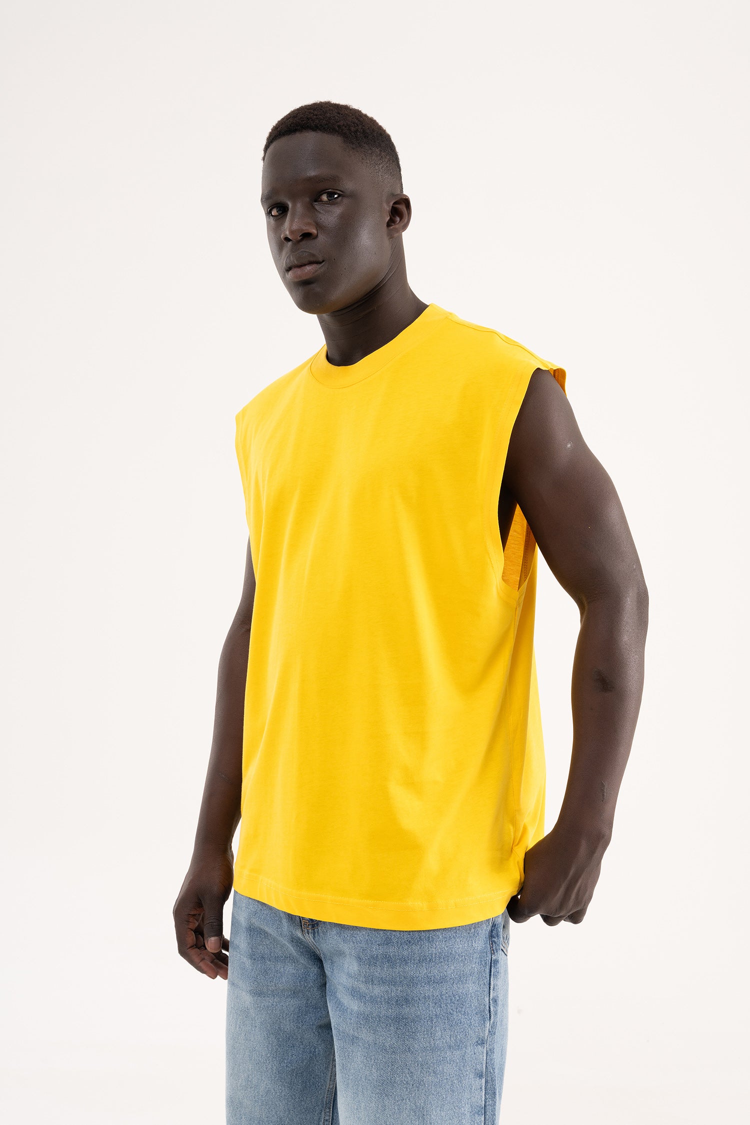 Erkek Oversize Bisiklet Yaka Basic Atlet Koyu Sarı-3