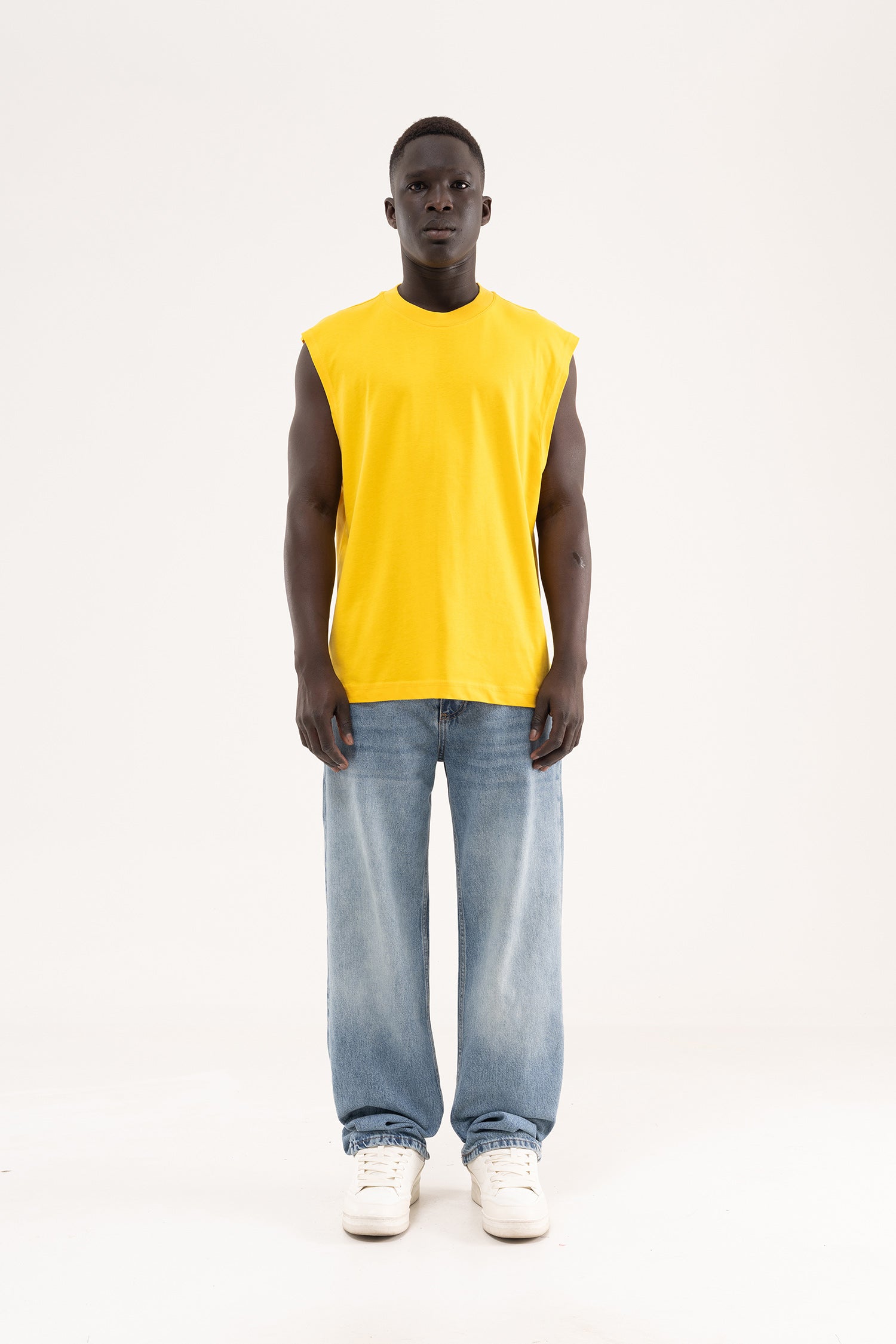 Erkek Oversize Bisiklet Yaka Basic Atlet Koyu Sarı-6