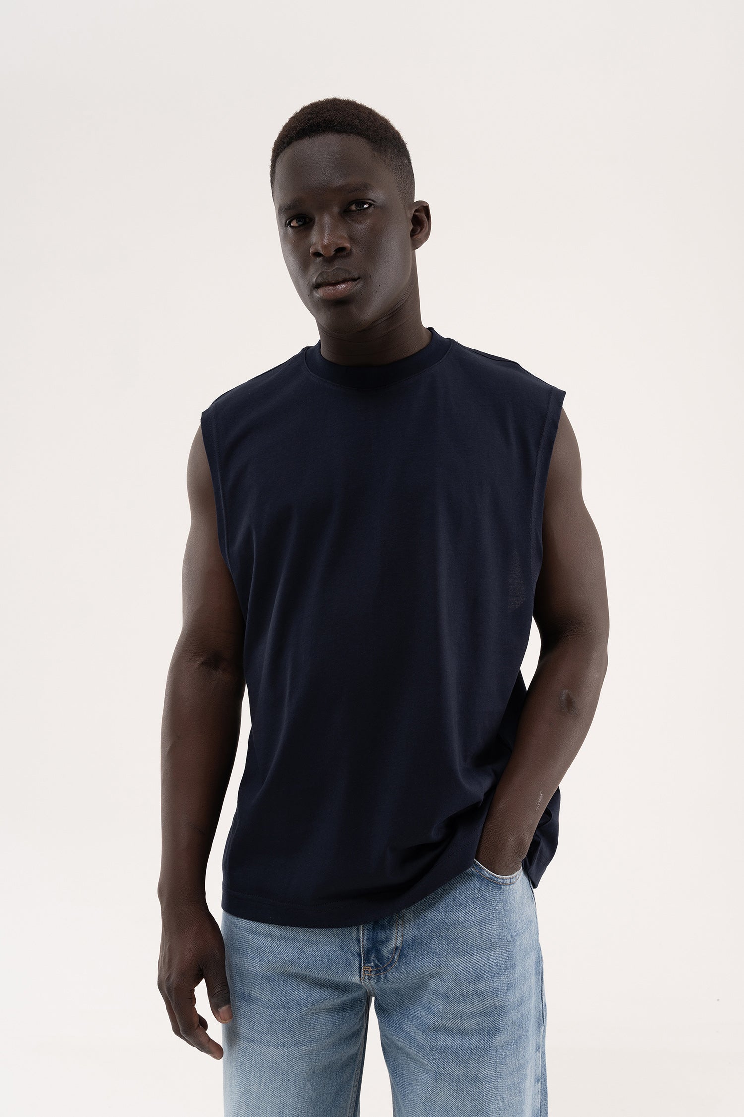 Erkek Oversize Bisiklet Yaka Basic Atlet Lacivert