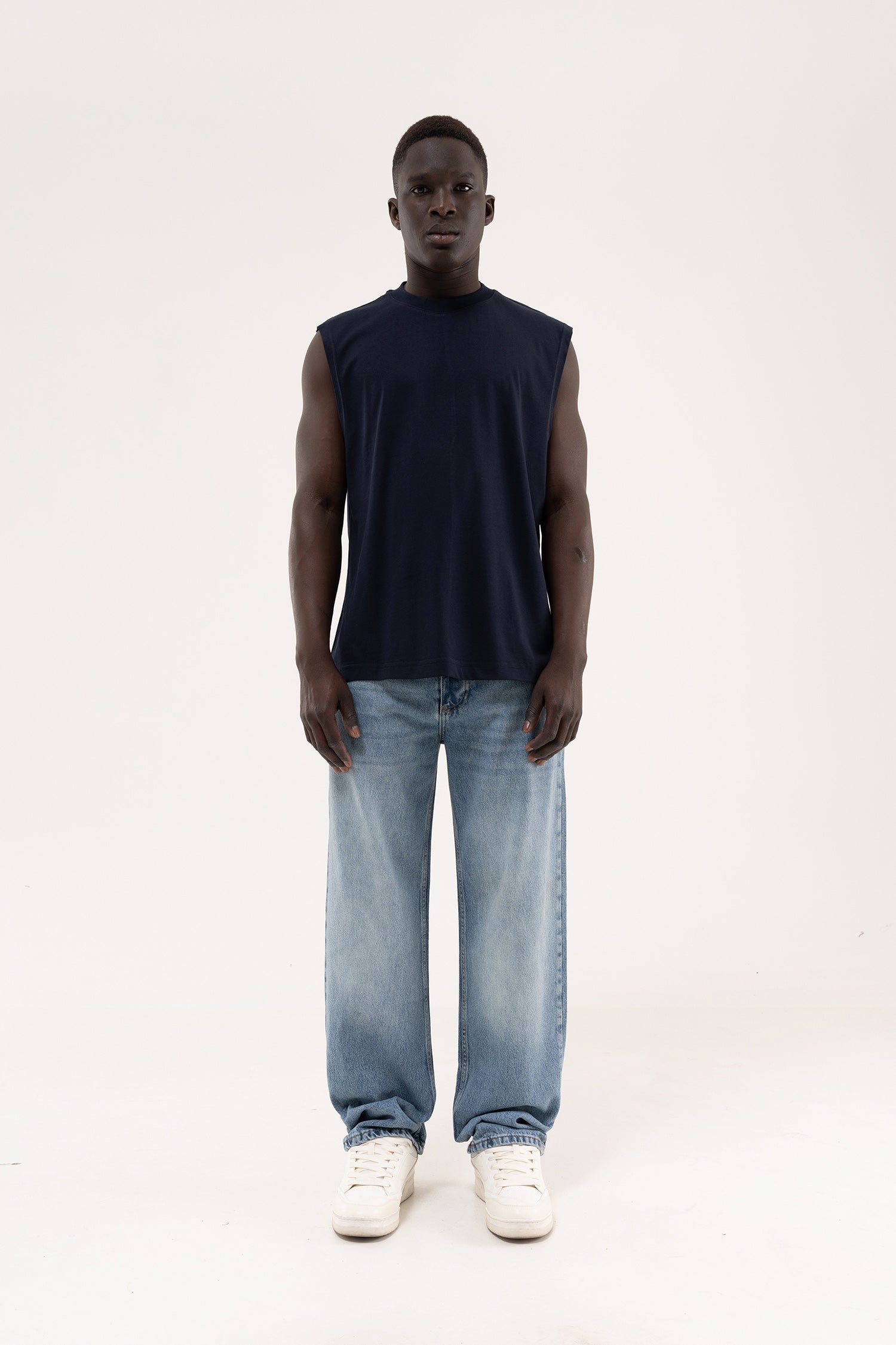Erkek Oversize Bisiklet Yaka Basic Atlet Lacivert-6