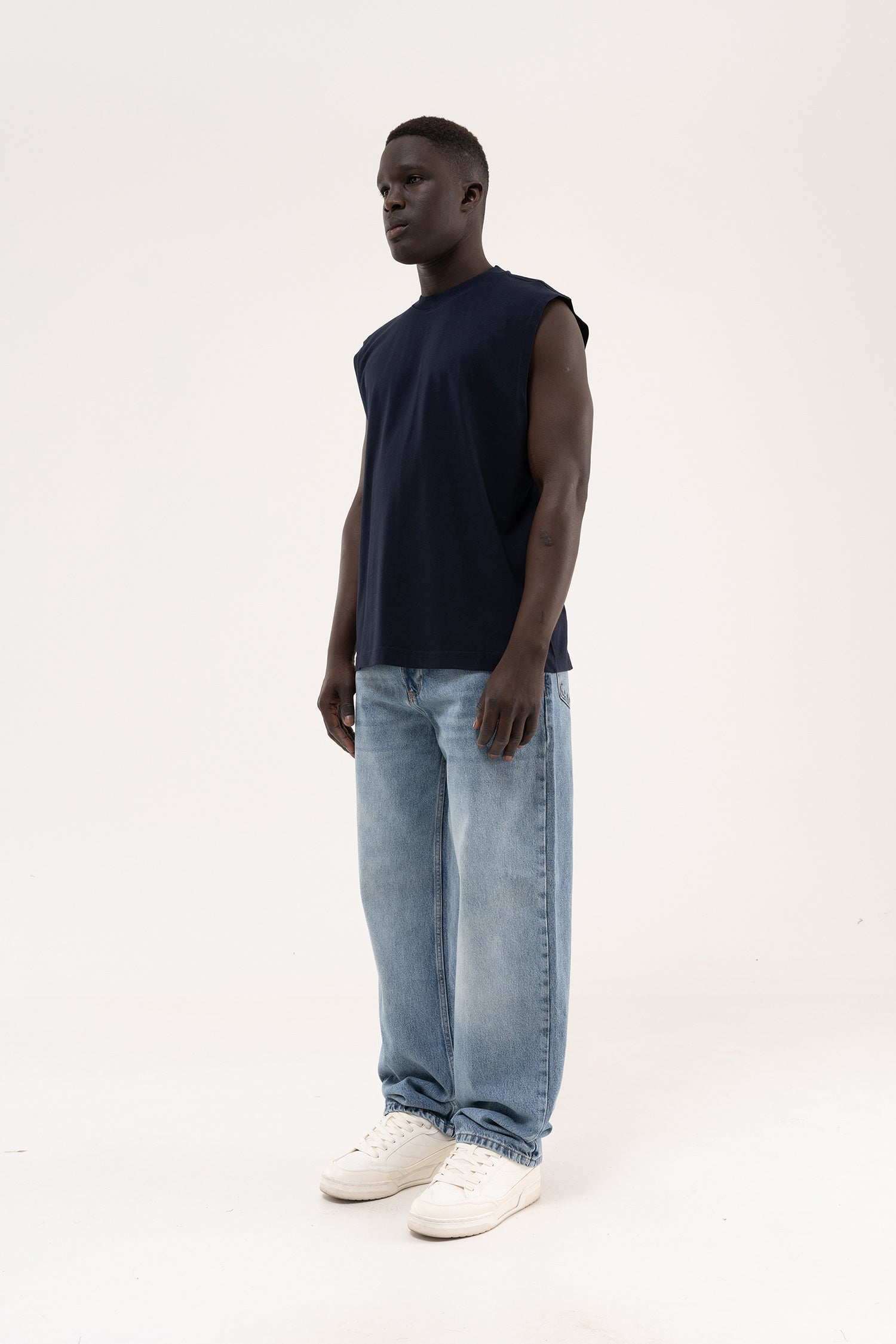 Erkek Oversize Bisiklet Yaka Basic Atlet Lacivert-7