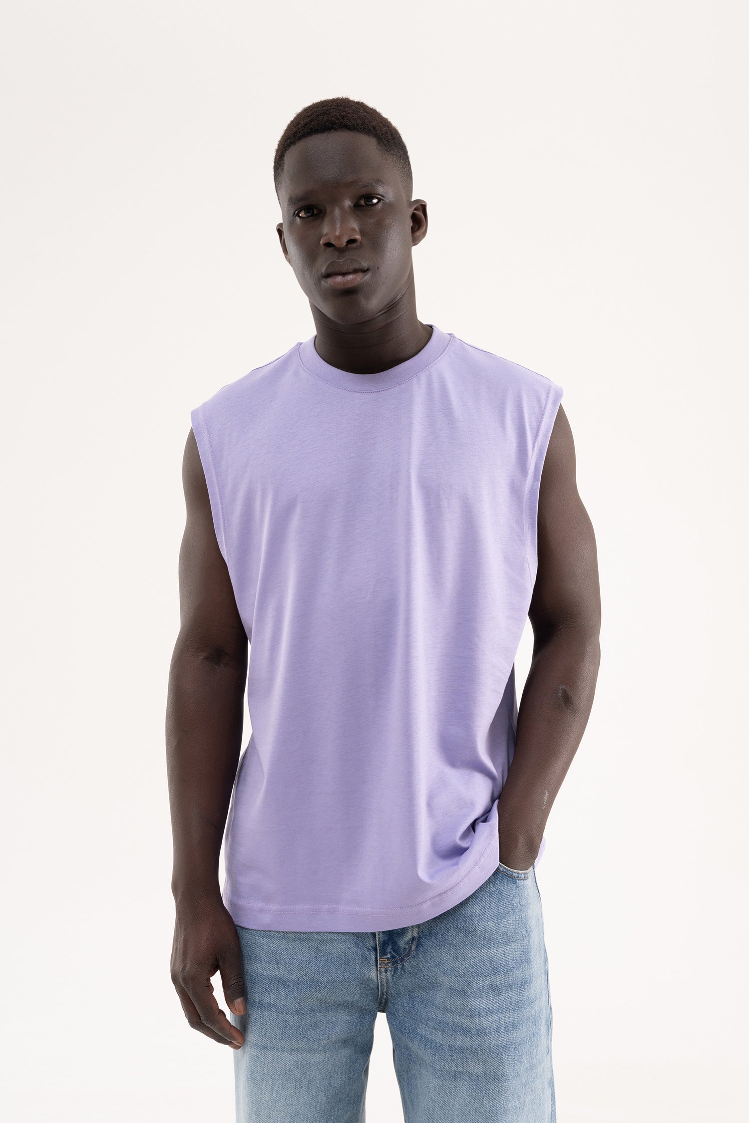 Erkek Oversize Bisiklet Yaka Basic Atlet Lila