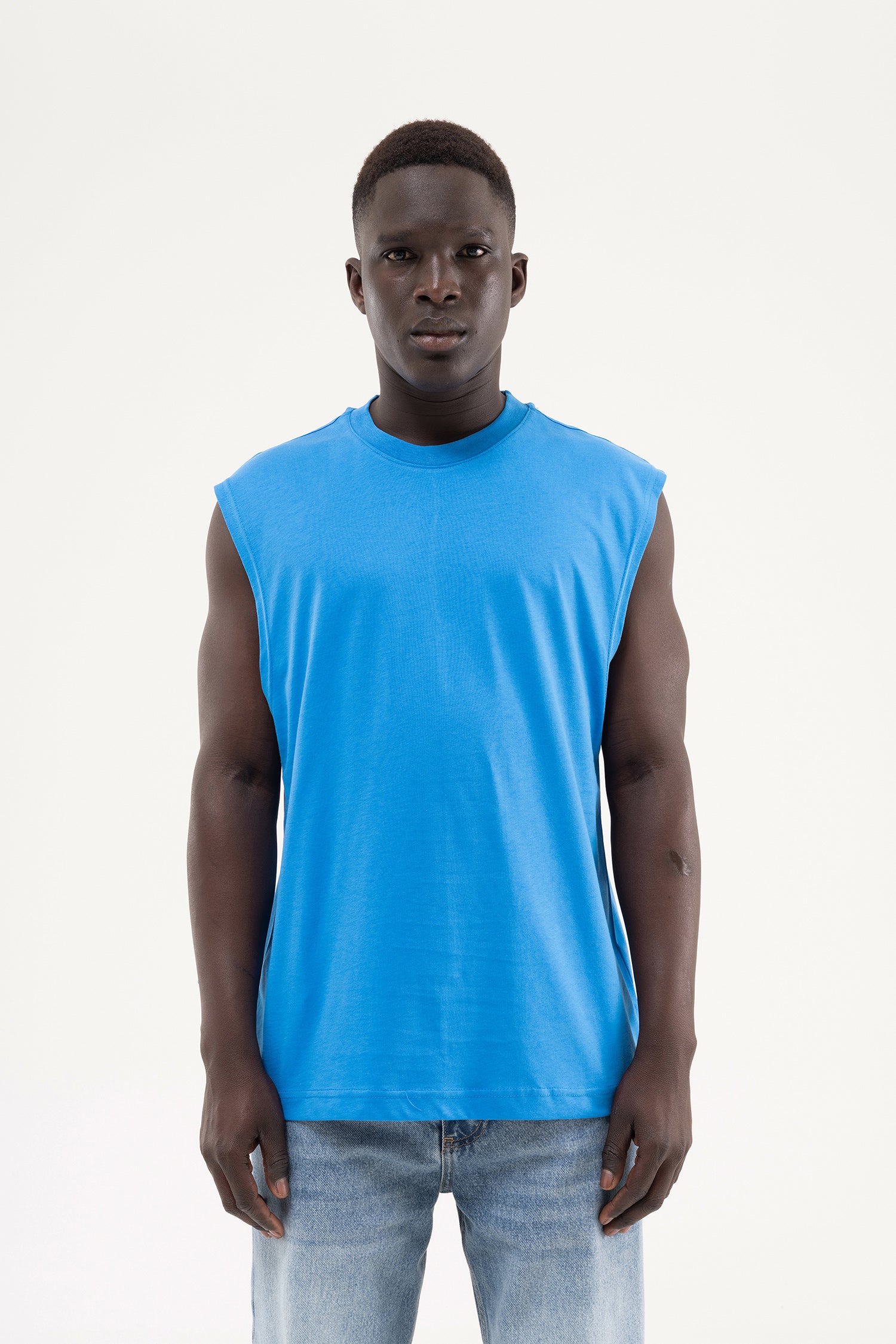 Erkek Oversize Bisiklet Yaka Basic Atlet Mavi
