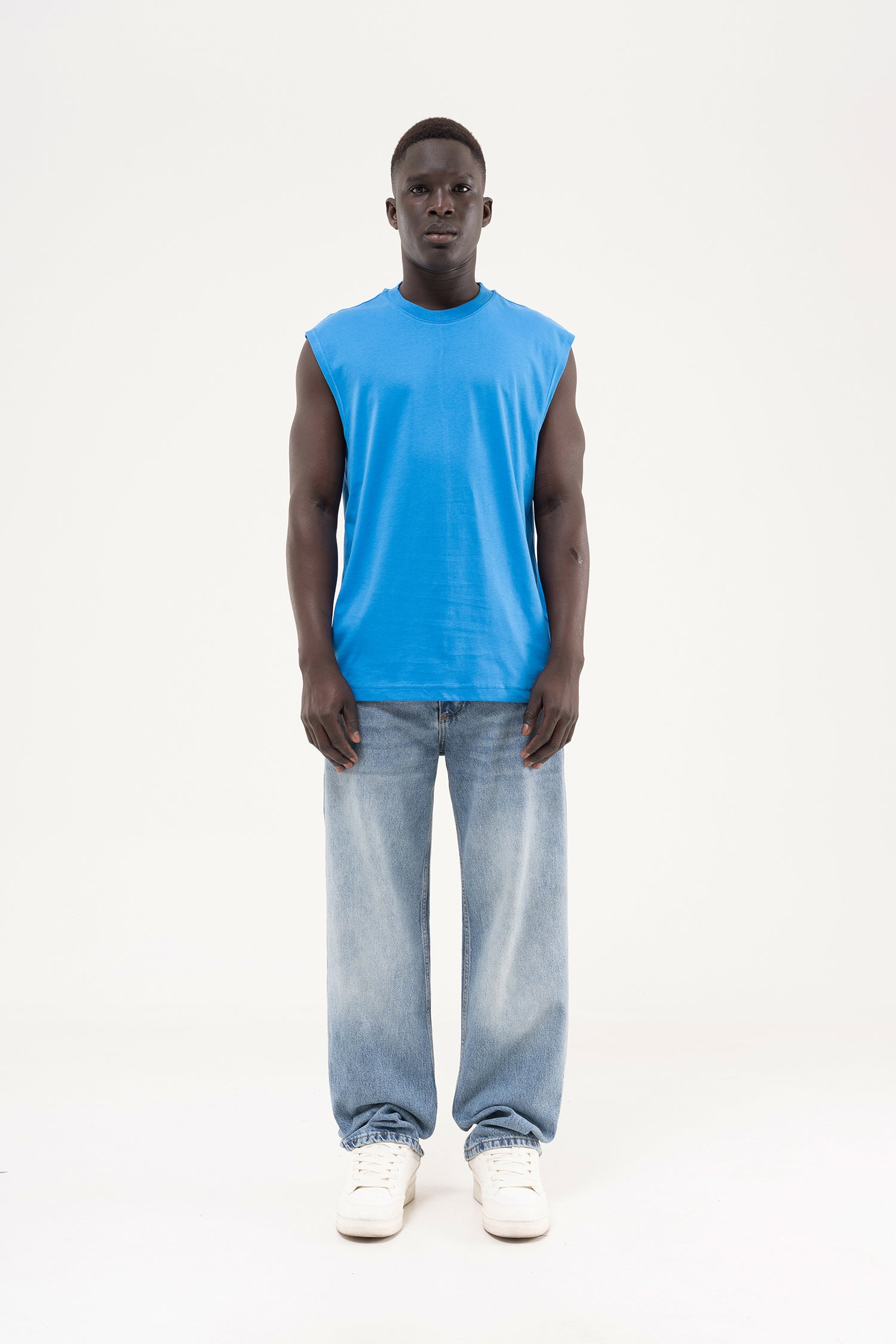 Erkek Oversize Bisiklet Yaka Basic Atlet Mavi-6