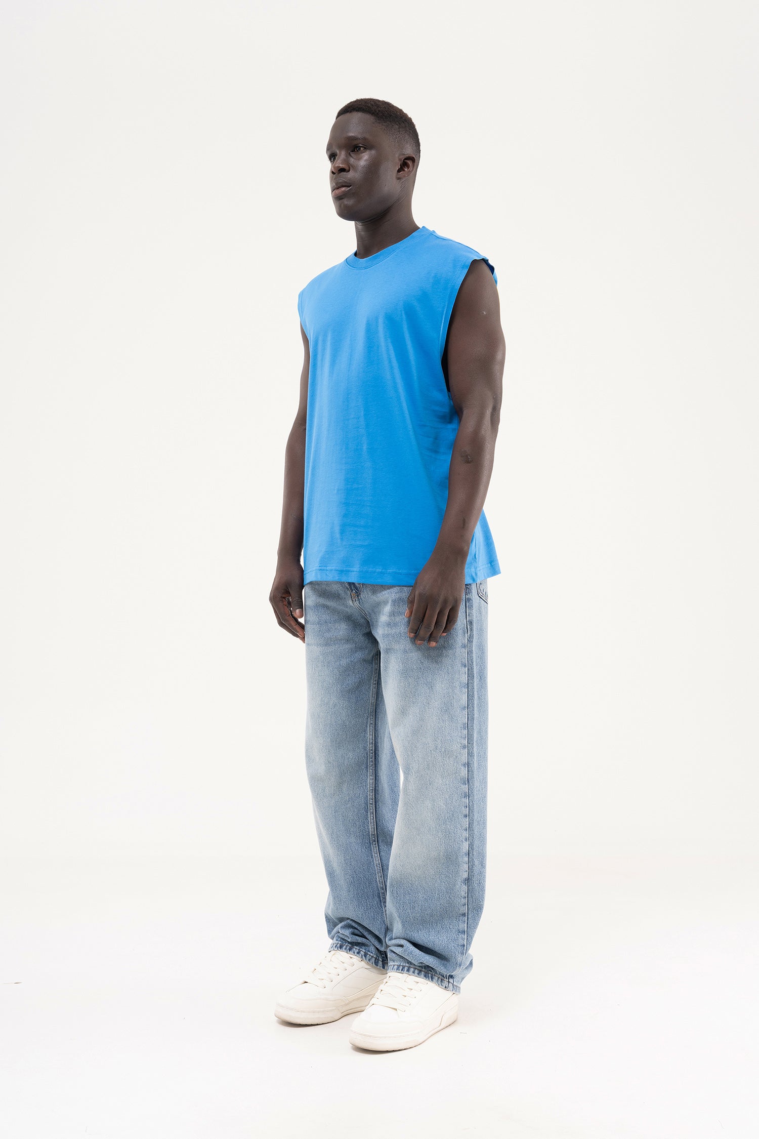Erkek Oversize Bisiklet Yaka Basic Atlet Mavi-7
