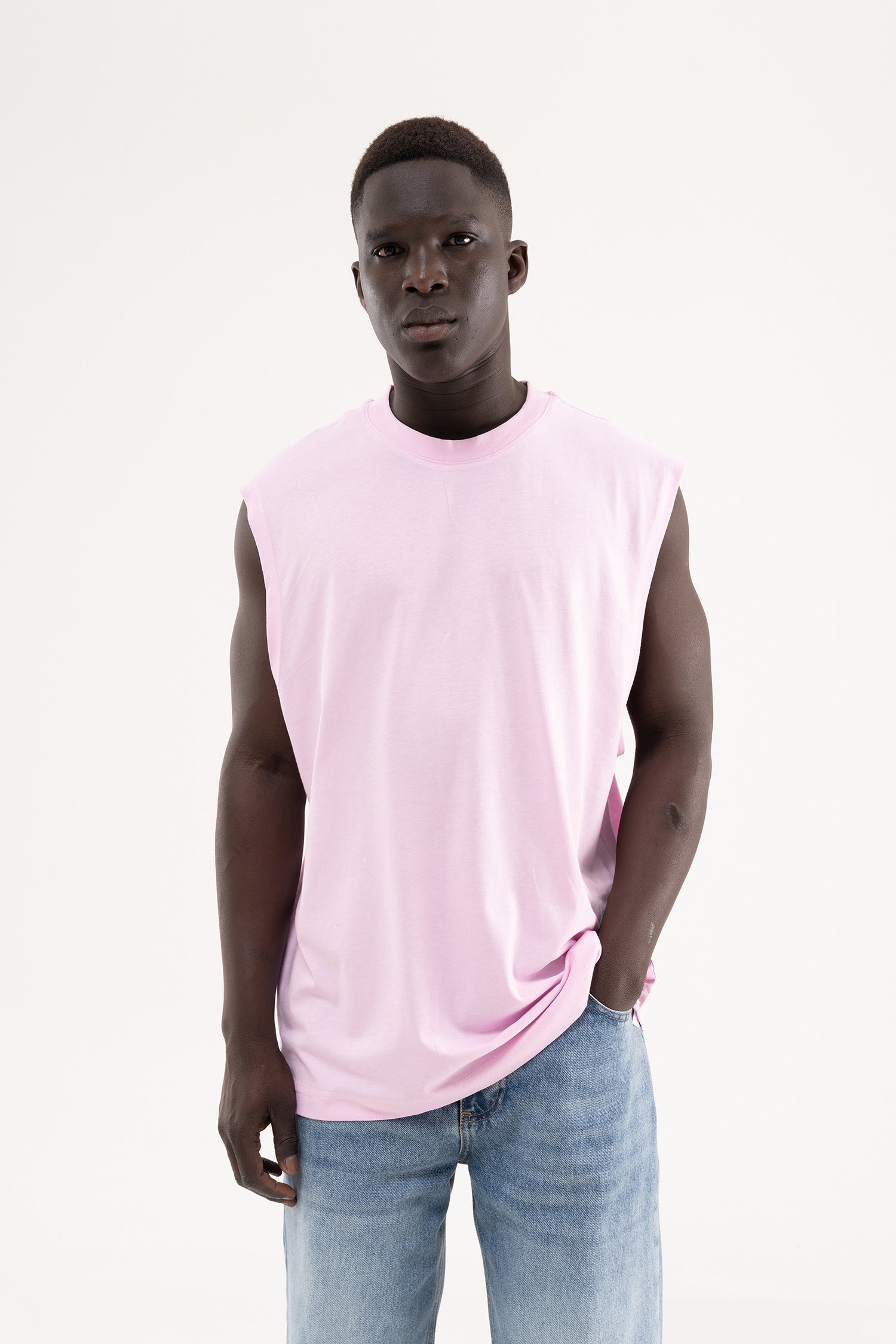 Erkek Oversize Bisiklet Yaka Basic Atlet Pembe
