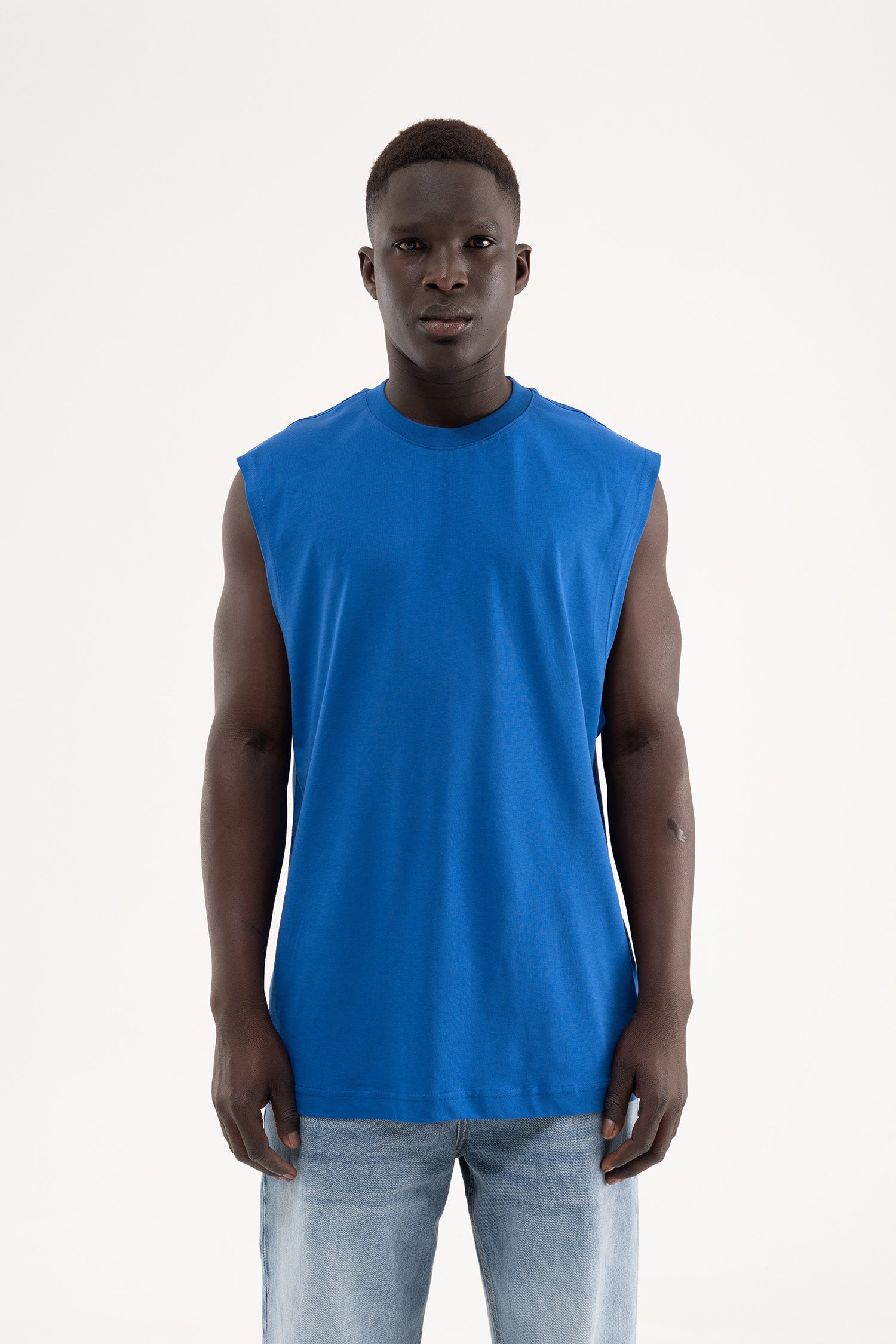 Erkek Oversize Bisiklet Yaka Basic Atlet Saks Mavi