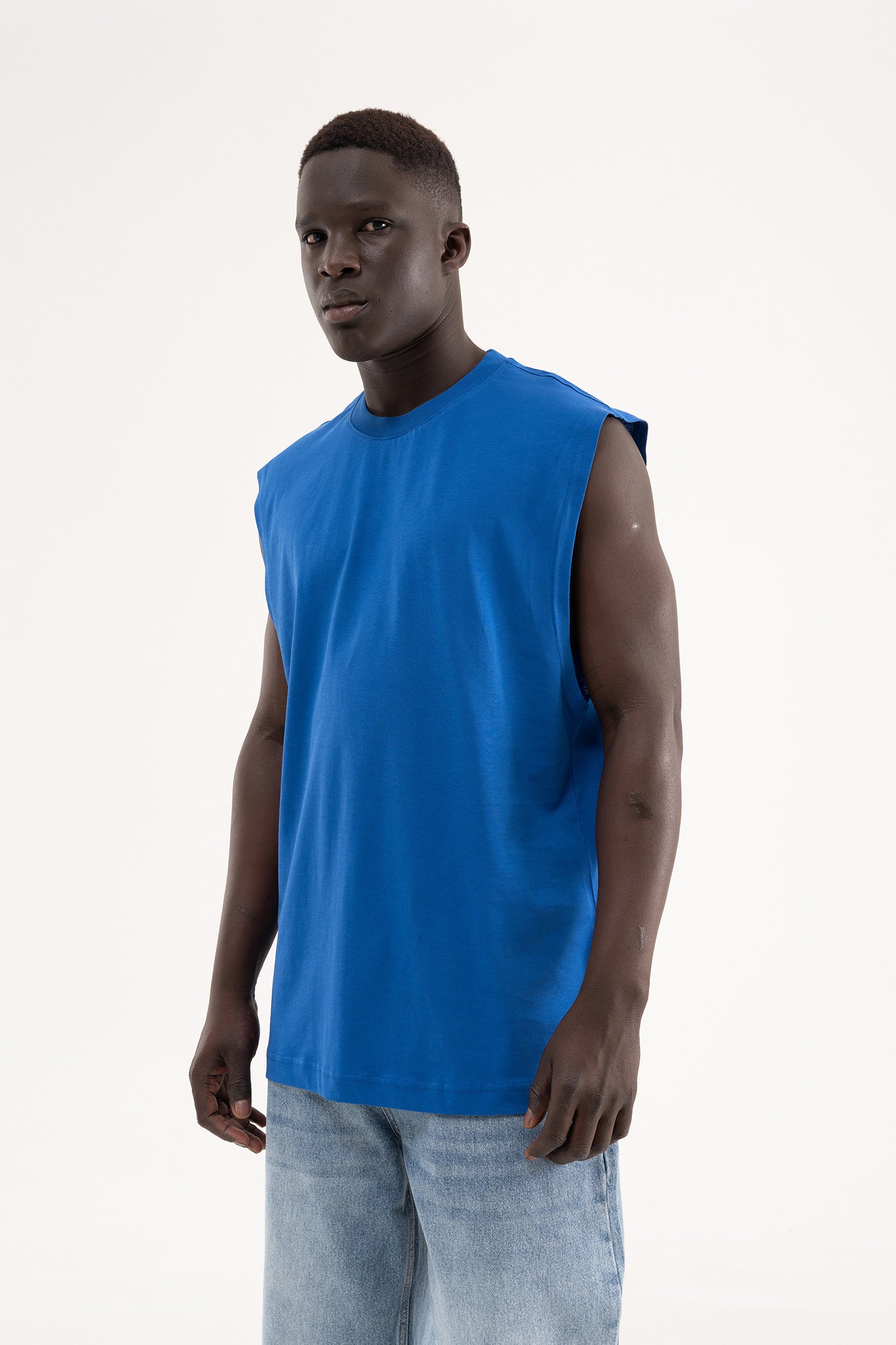 Erkek Oversize Bisiklet Yaka Basic Atlet Saks Mavi-3