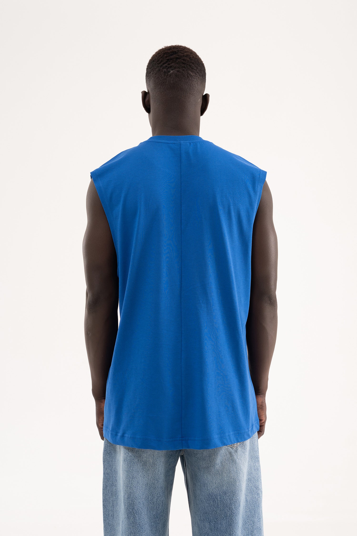 Erkek Oversize Bisiklet Yaka Basic Atlet Saks Mavi-5