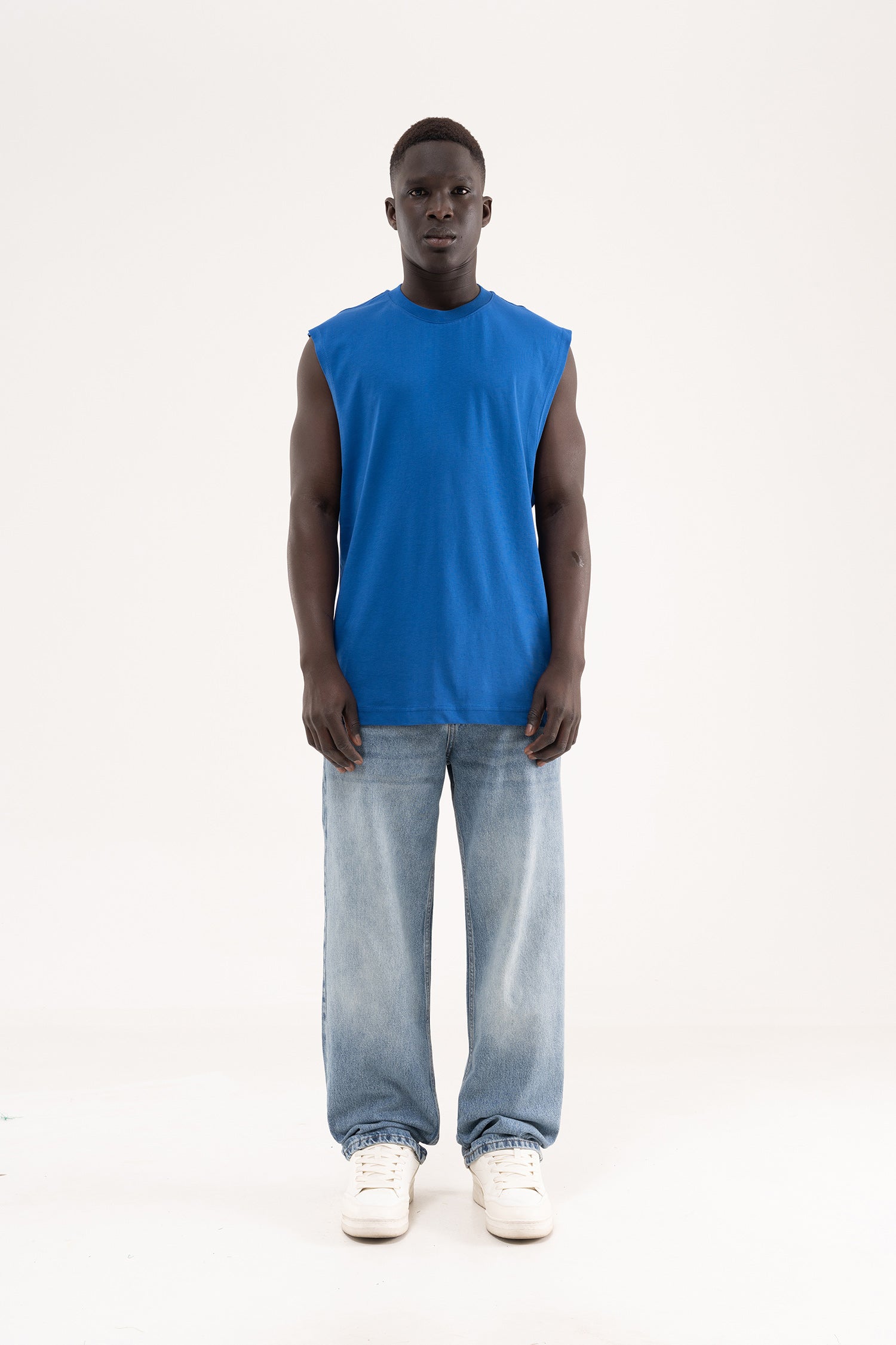 Erkek Oversize Bisiklet Yaka Basic Atlet Saks Mavi-6