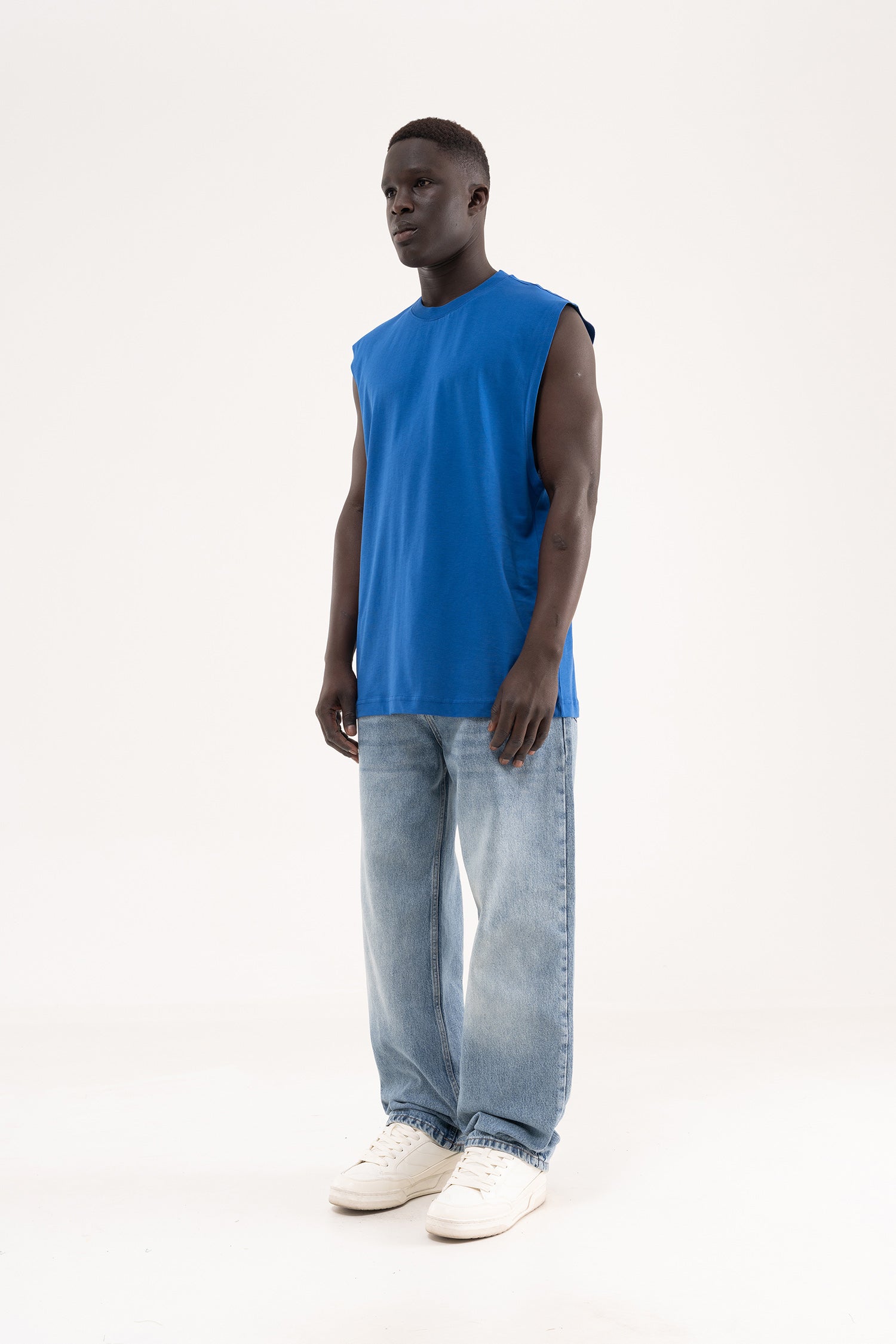 Erkek Oversize Bisiklet Yaka Basic Atlet Saks Mavi-7