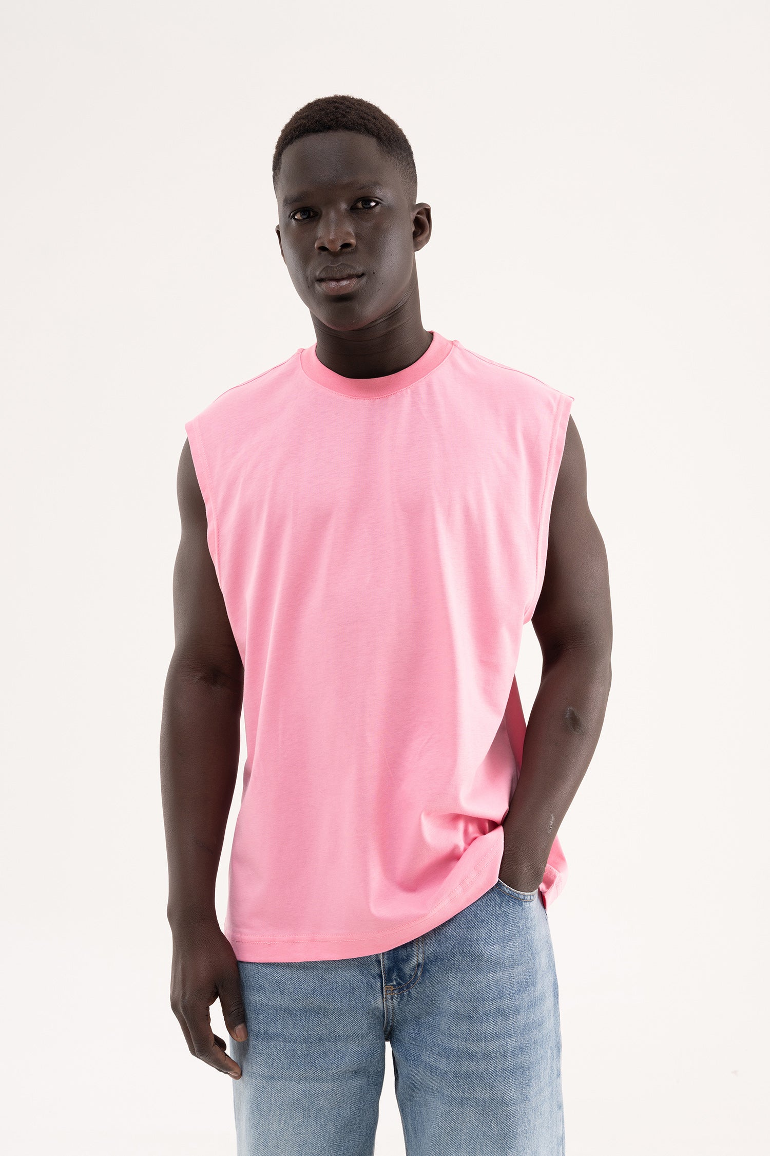 Erkek Oversize Bisiklet Yaka Basic Atlet Şeker Pembe