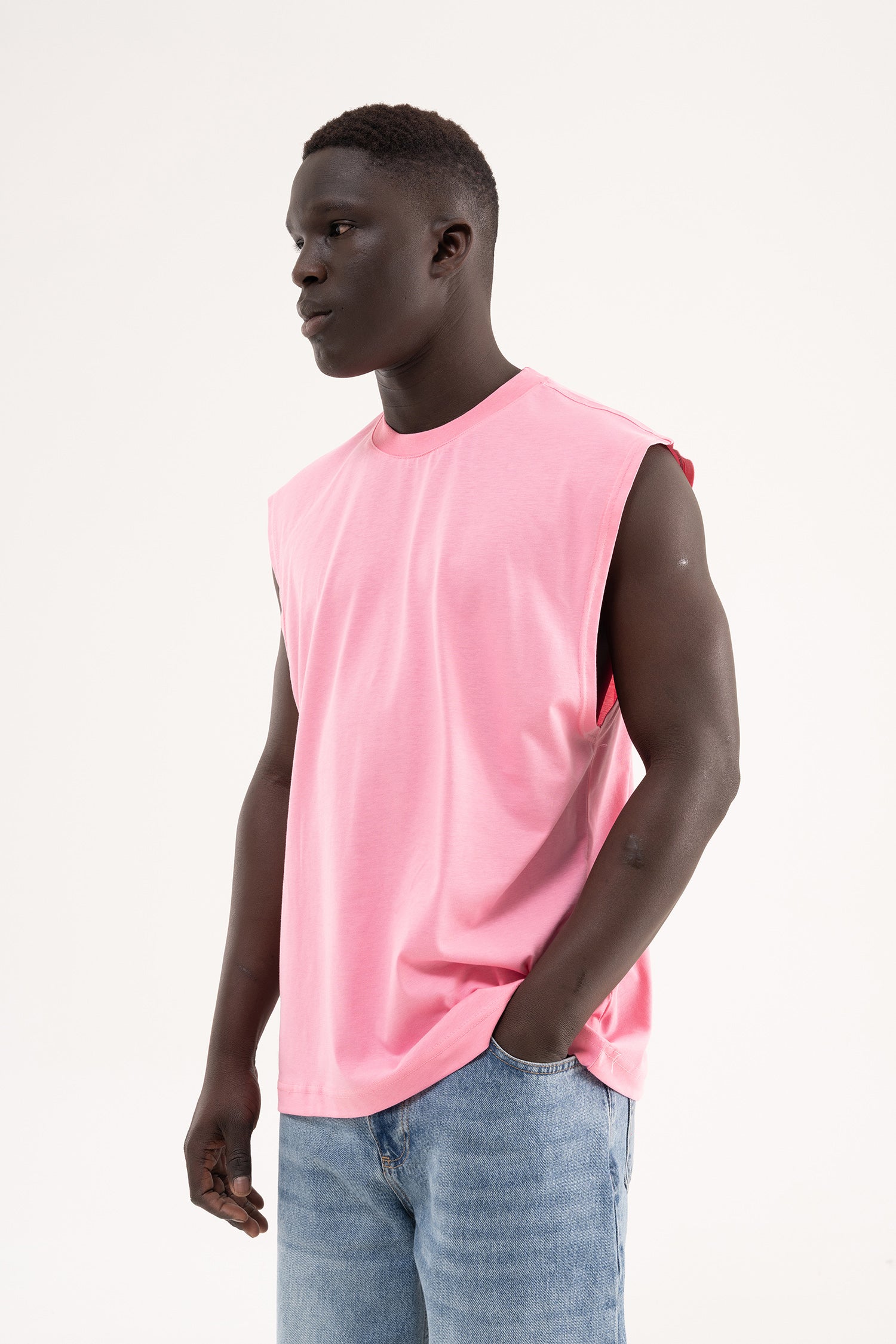 Erkek Oversize Bisiklet Yaka Basic Atlet Şeker Pembe-3