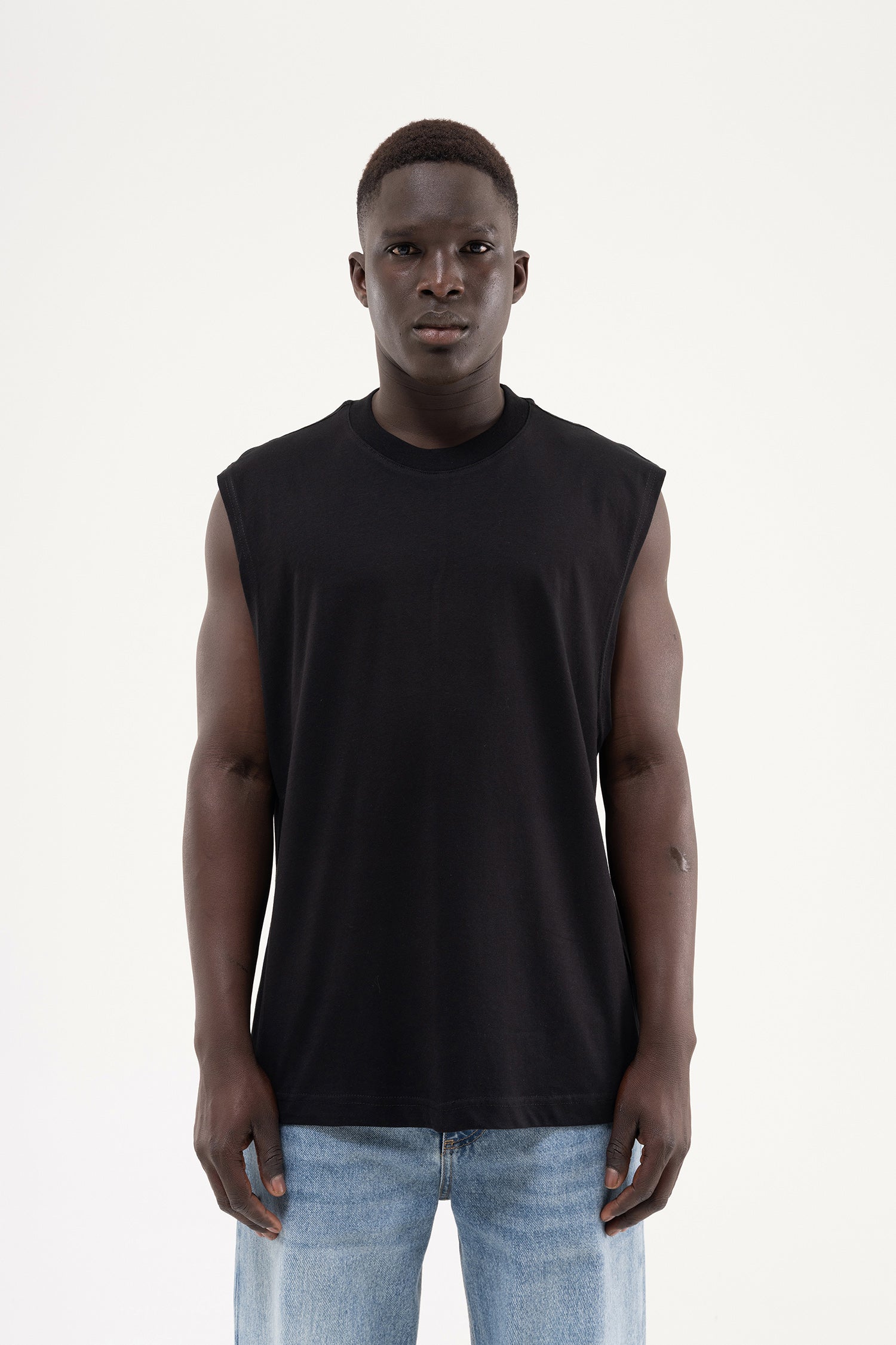 Erkek Oversize Bisiklet Yaka Basic Atlet Siyah