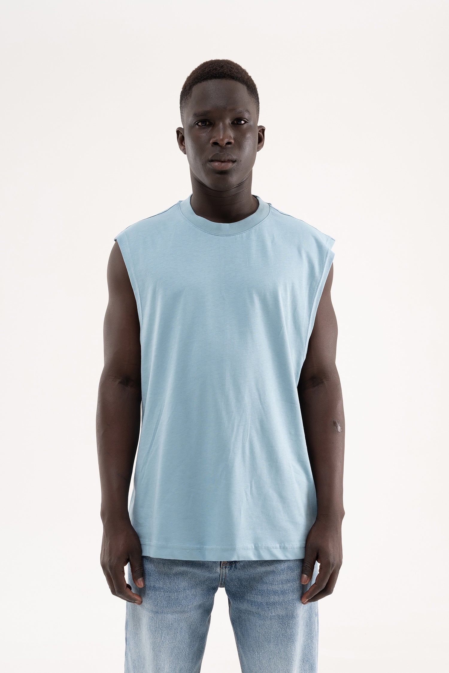 Erkek Oversize Bisiklet Yaka Basic Atlet Soluk Mavi