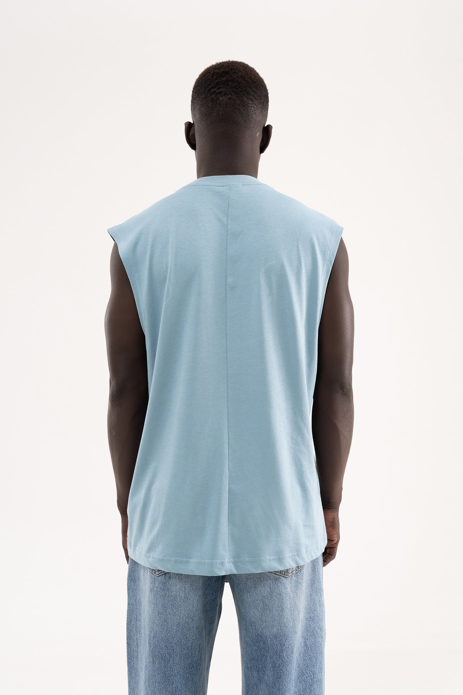 Erkek Oversize Bisiklet Yaka Basic Atlet Soluk Mavi-5