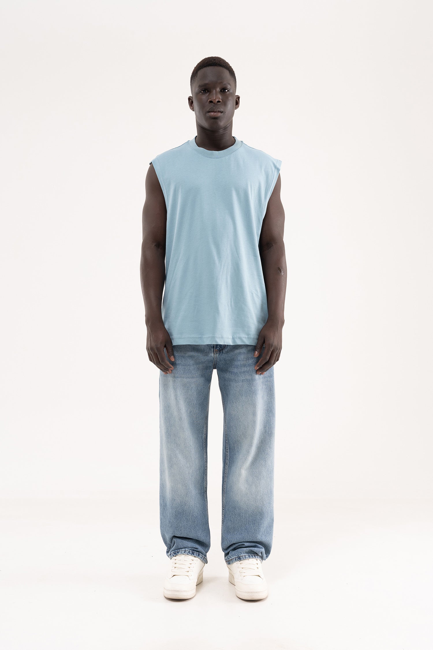 Erkek Oversize Bisiklet Yaka Basic Atlet Soluk Mavi-6