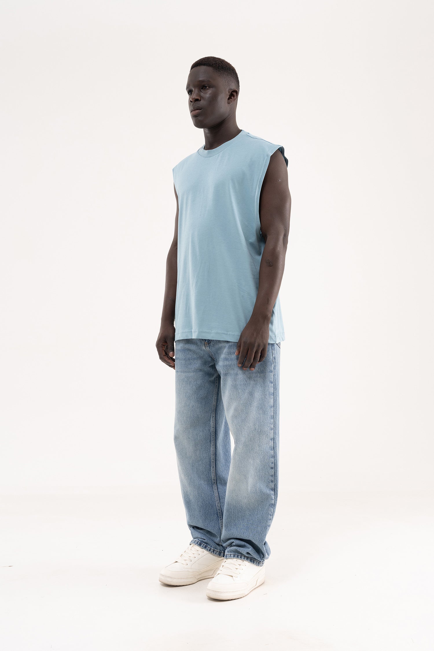 Erkek Oversize Bisiklet Yaka Basic Atlet Soluk Mavi-7