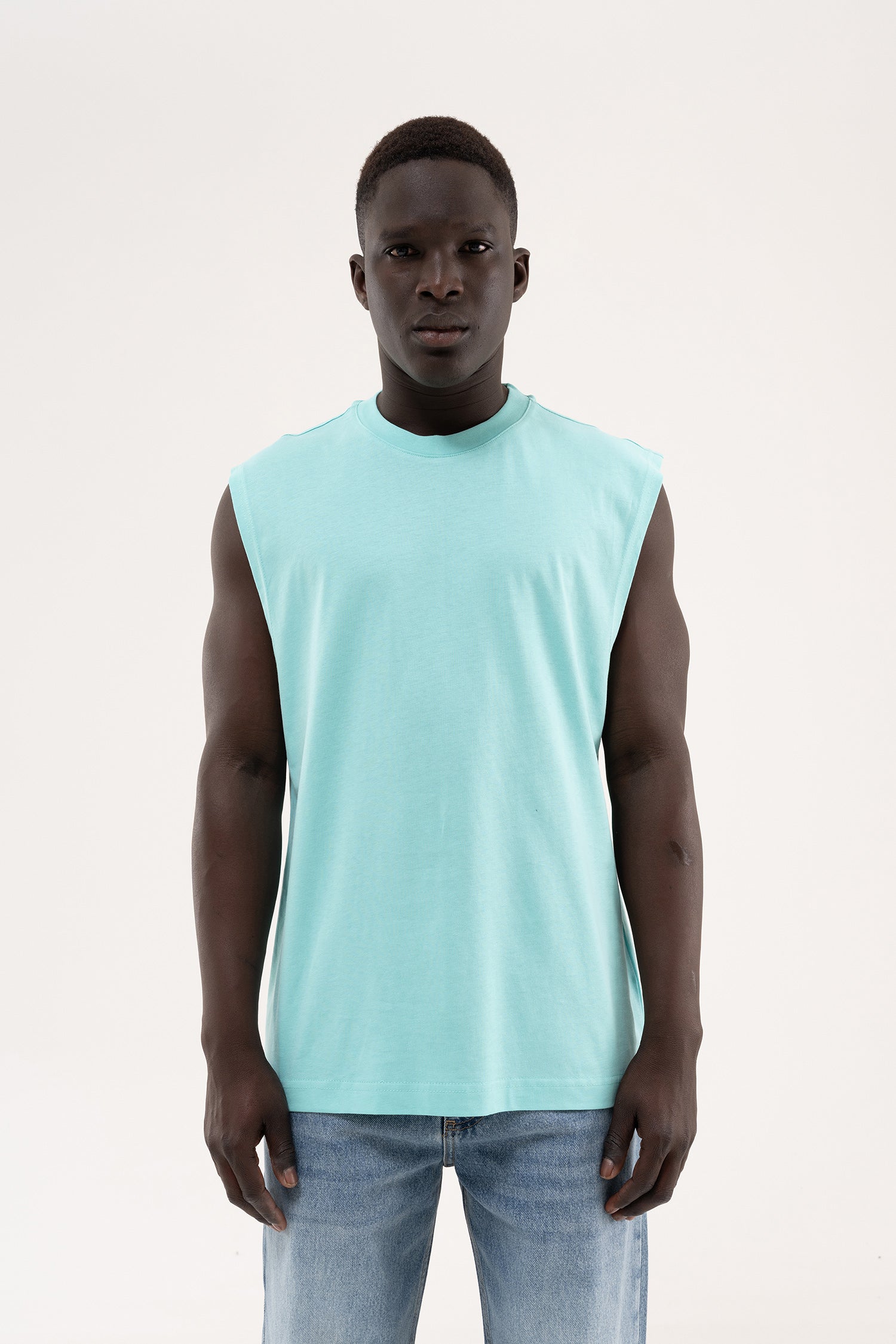 Erkek Oversize Bisiklet Yaka Basic Atlet Su Yeşili