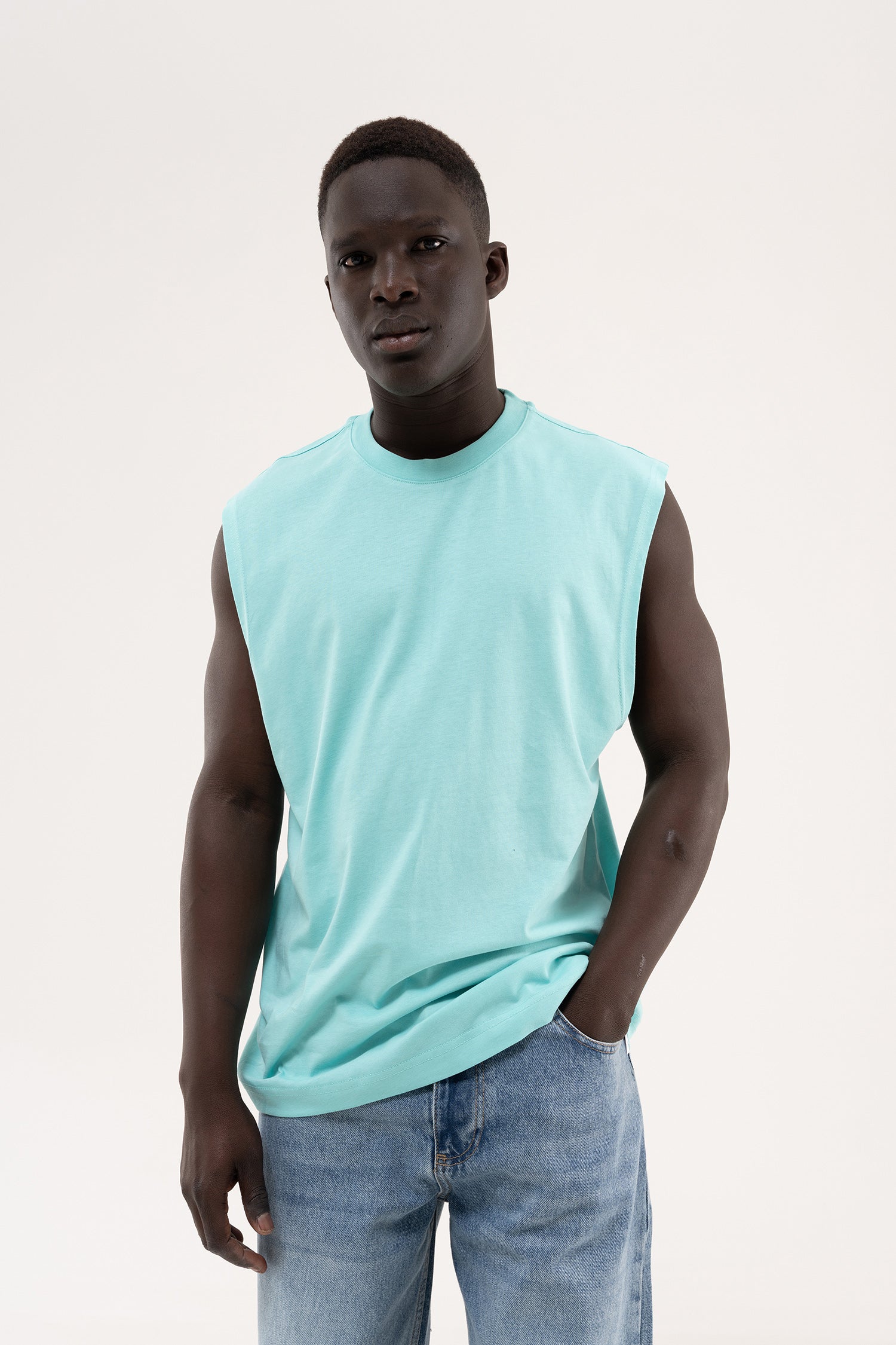 Erkek Oversize Bisiklet Yaka Basic Atlet Su Yeşili