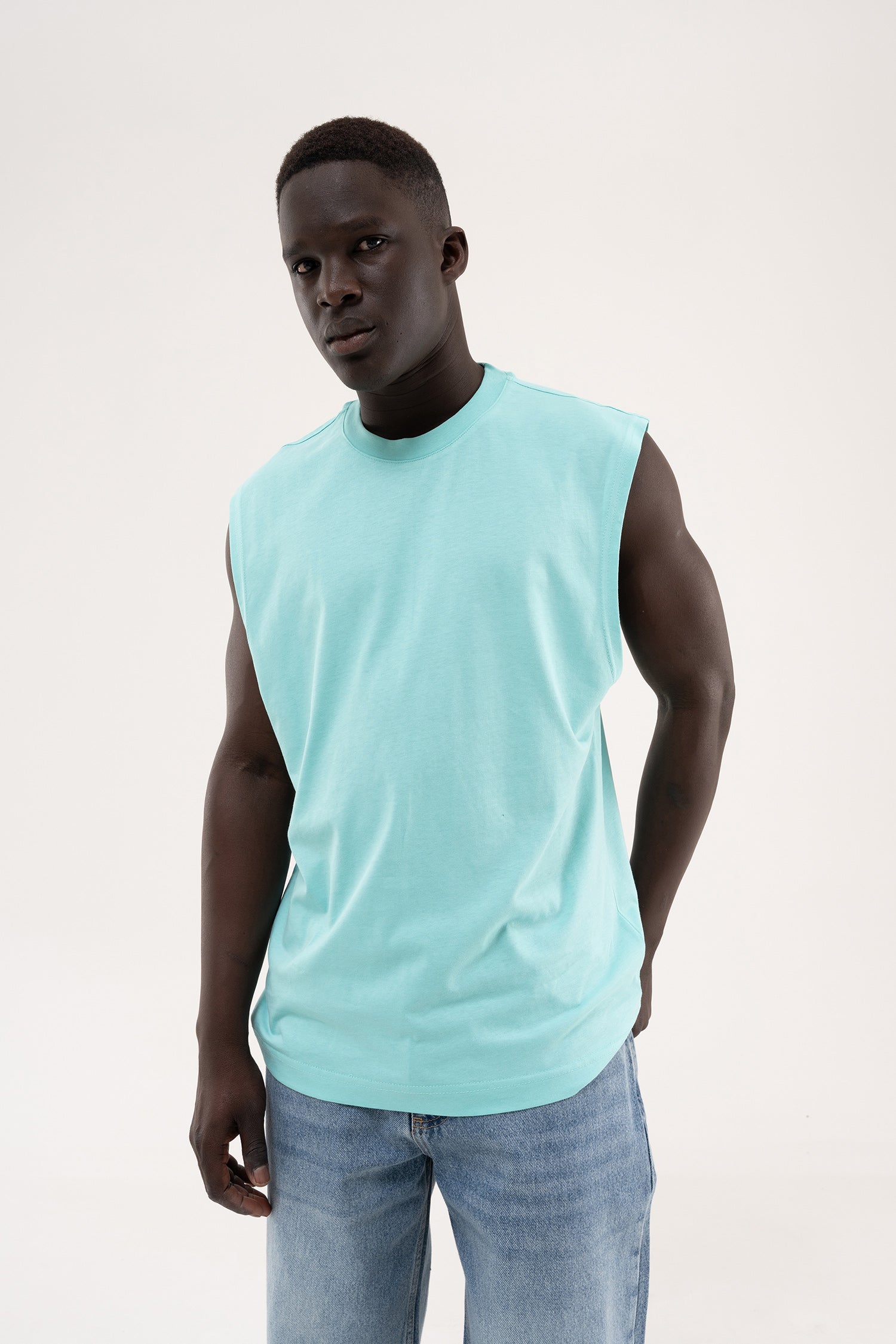 Erkek Oversize Bisiklet Yaka Basic Atlet Su Yeşili-3