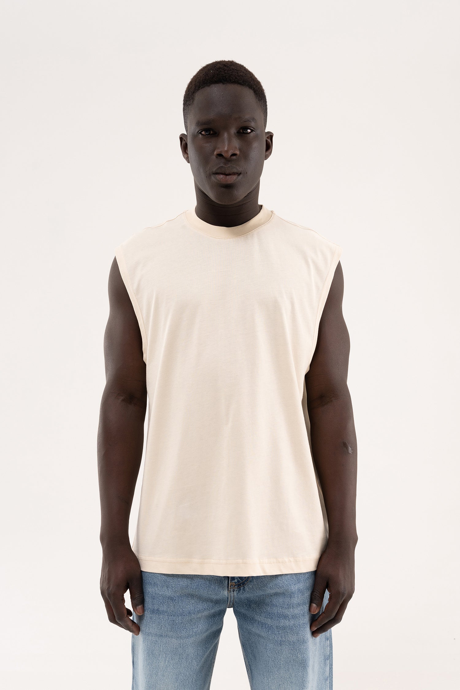 Erkek Oversize Bisiklet Yaka Basic Atlet Tereyağı