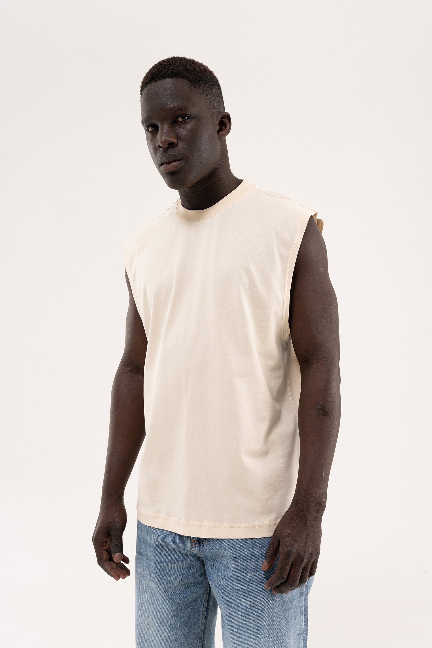 Erkek Oversize Bisiklet Yaka Basic Atlet Tereyağı-3