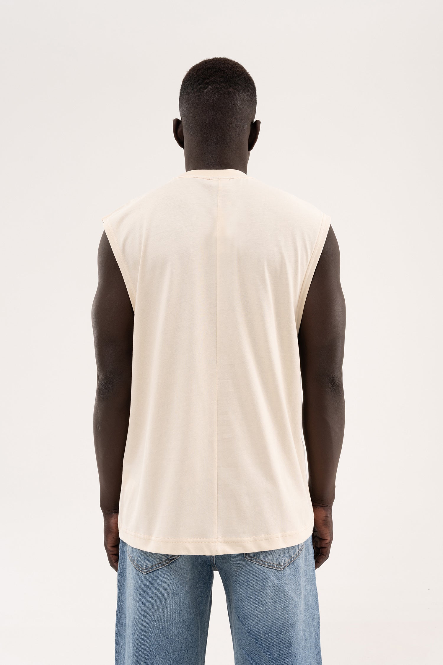 Erkek Oversize Bisiklet Yaka Basic Atlet Tereyağı-5