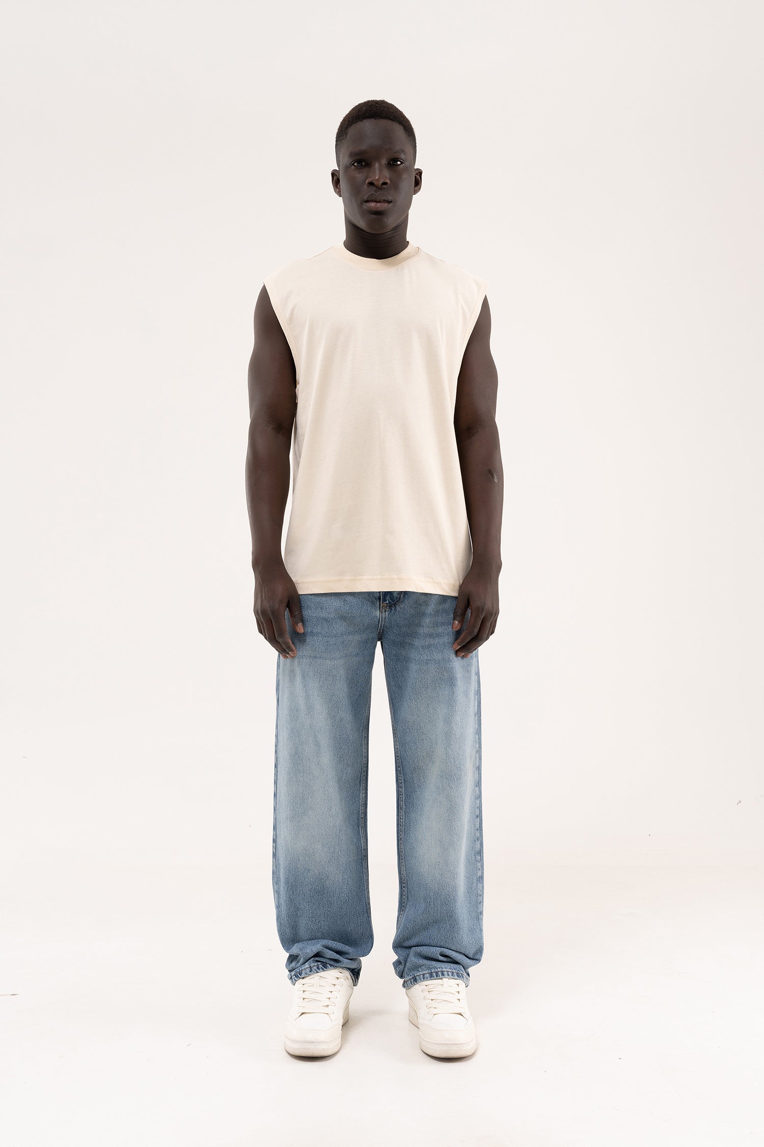 Erkek Oversize Bisiklet Yaka Basic Atlet Tereyağı-6
