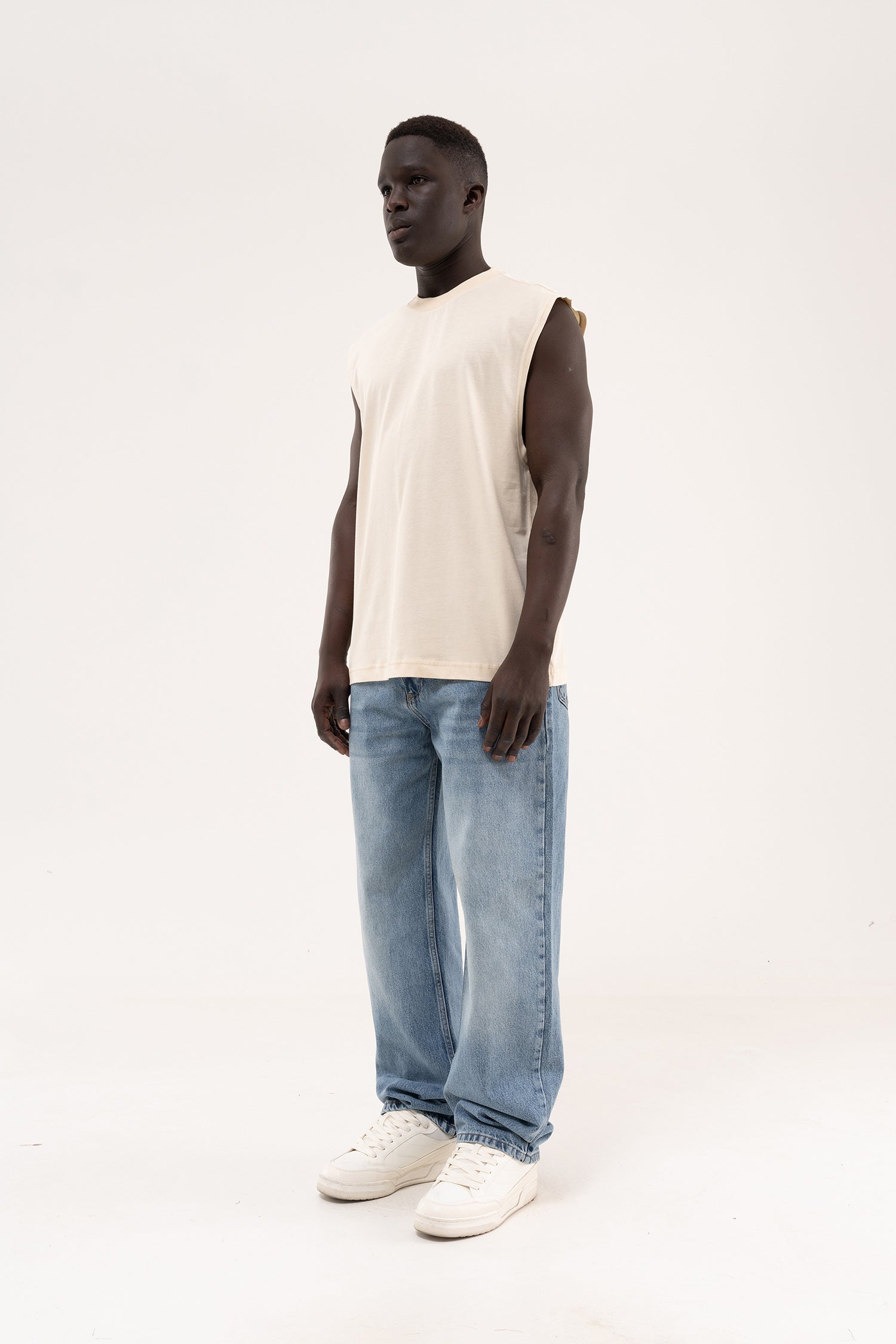 Erkek Oversize Bisiklet Yaka Basic Atlet Tereyağı-7
