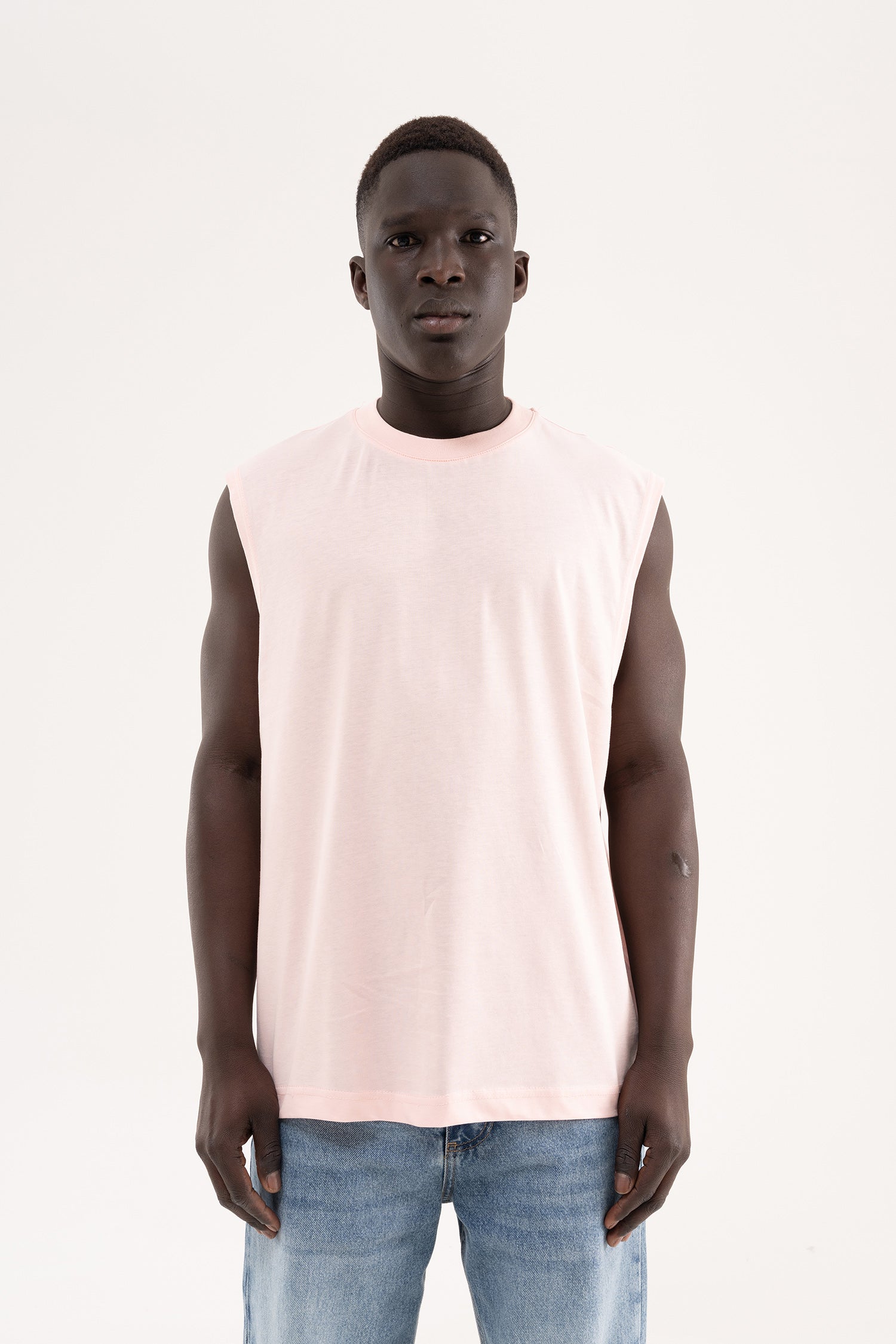 Erkek Oversize Bisiklet Yaka Basic Atlet Toz Pembe