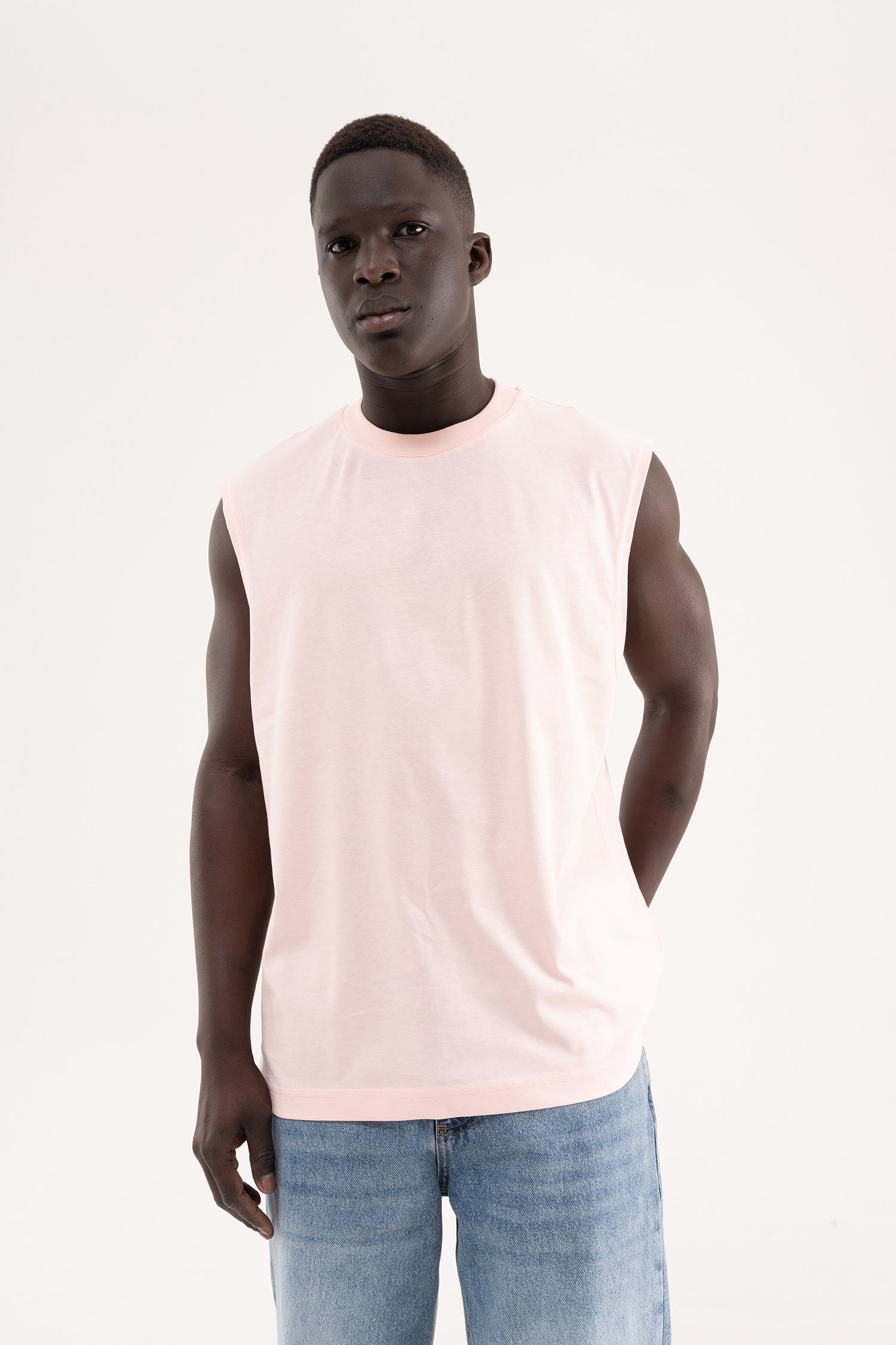 Erkek Oversize Bisiklet Yaka Basic Atlet Toz Pembe