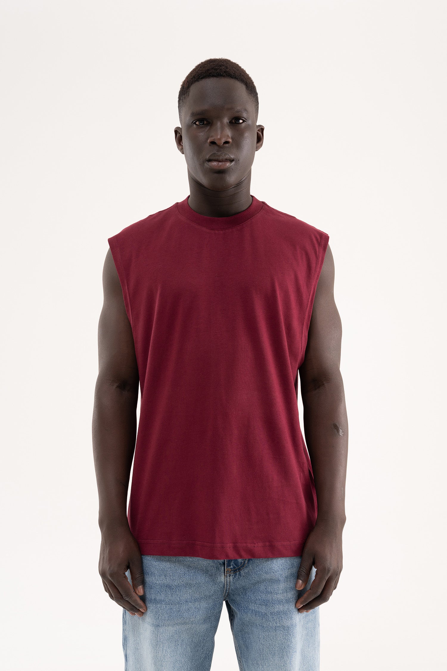 Erkek Oversize Bisiklet Yaka Basic Atlet Vişne