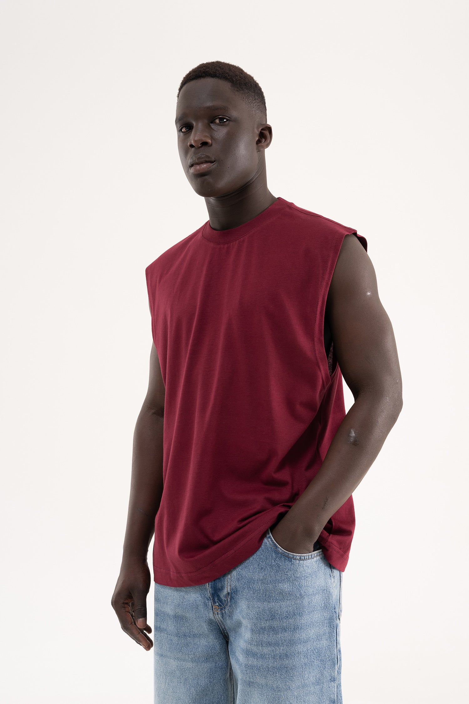 Erkek Oversize Bisiklet Yaka Basic Atlet Vişne-3