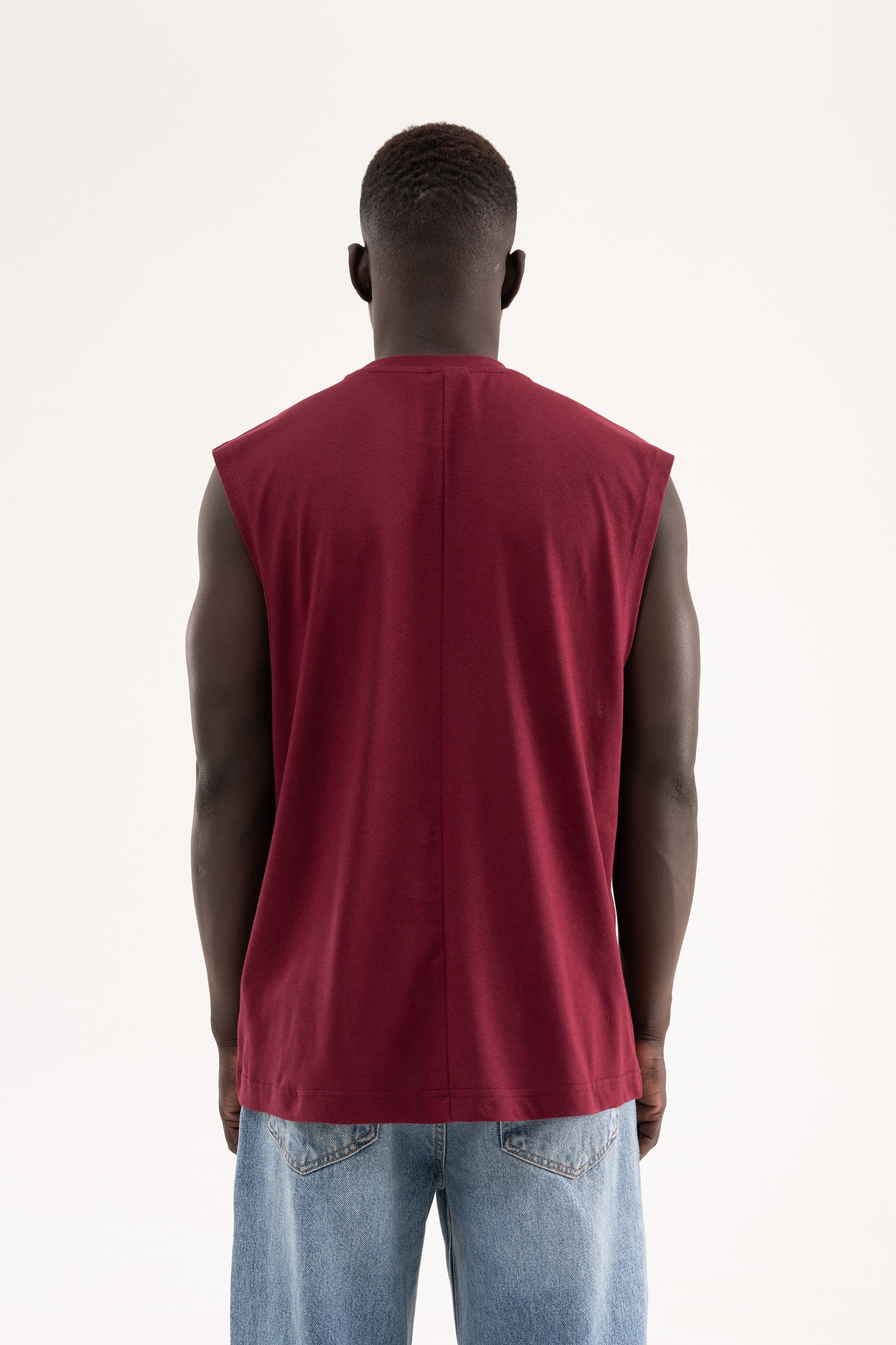 Erkek Oversize Bisiklet Yaka Basic Atlet Vişne-5