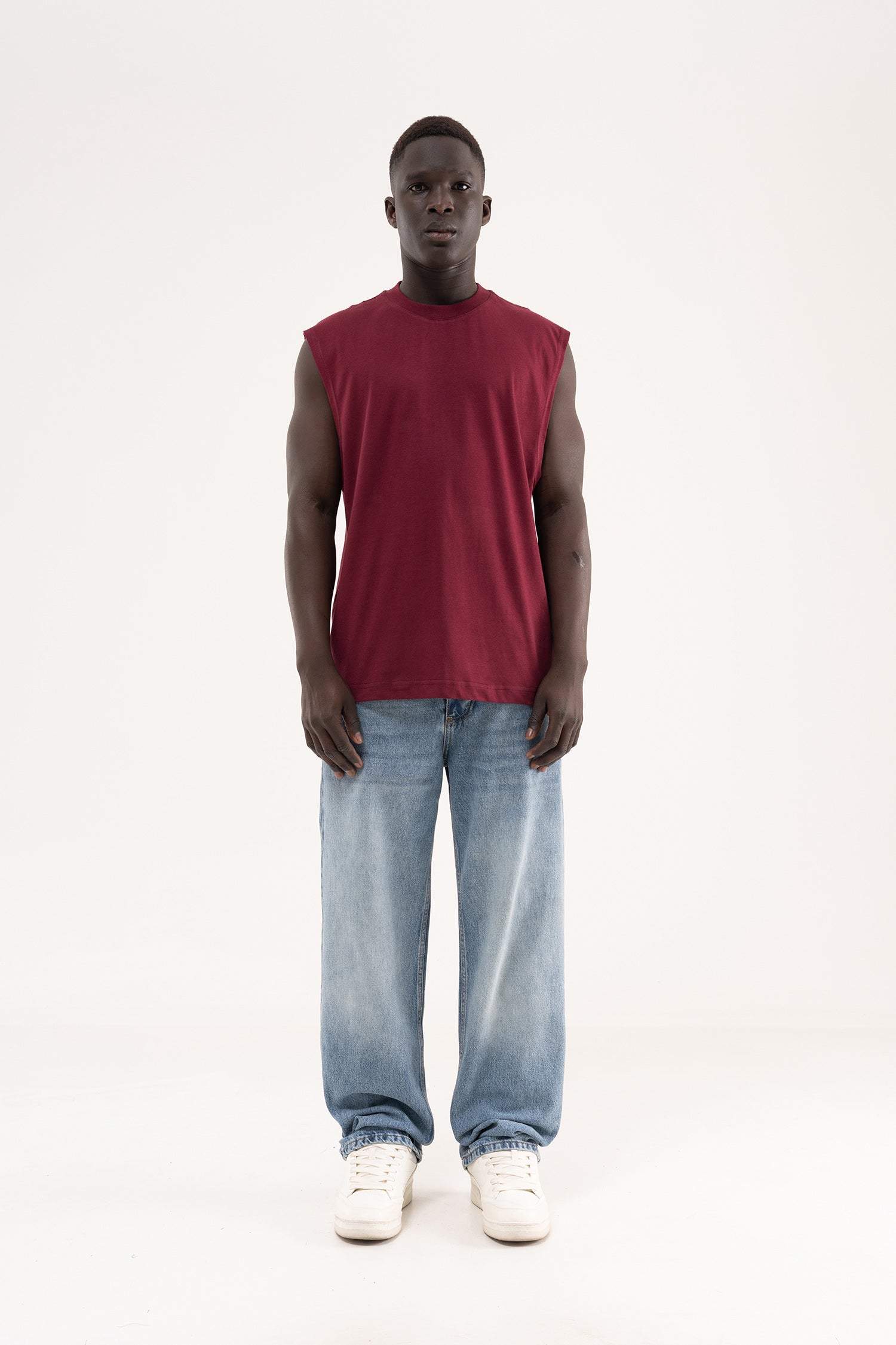 Erkek Oversize Bisiklet Yaka Basic Atlet Vişne-6