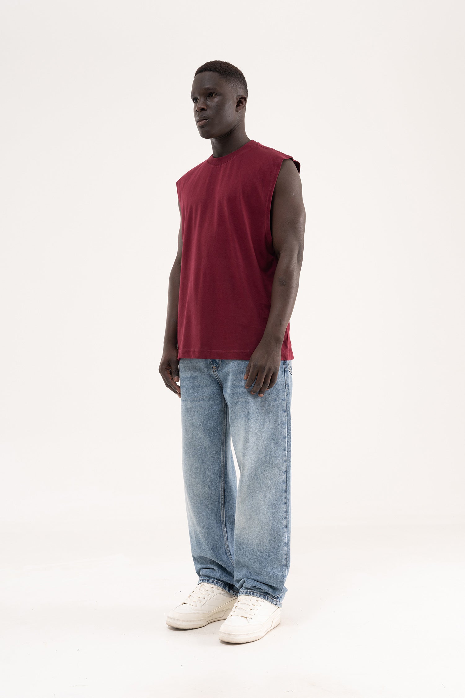Erkek Oversize Bisiklet Yaka Basic Atlet Vişne-7