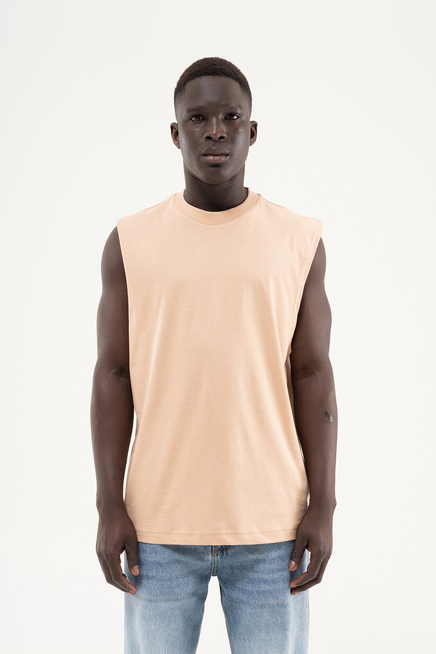 Erkek Oversize Bisiklet Yaka Basic Atlet Vizon