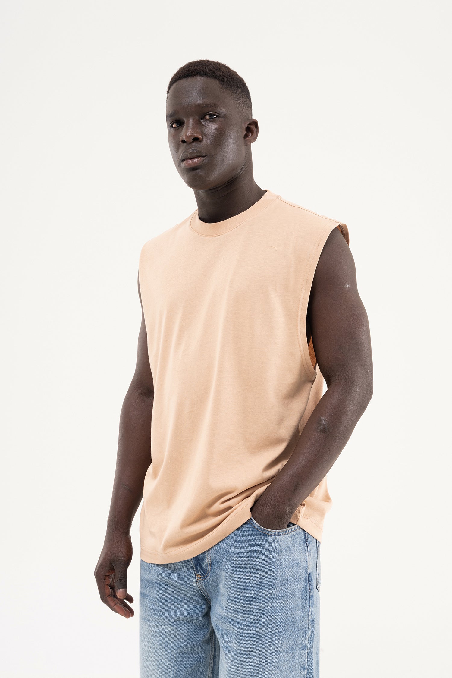Erkek Oversize Bisiklet Yaka Basic Atlet Vizon-3