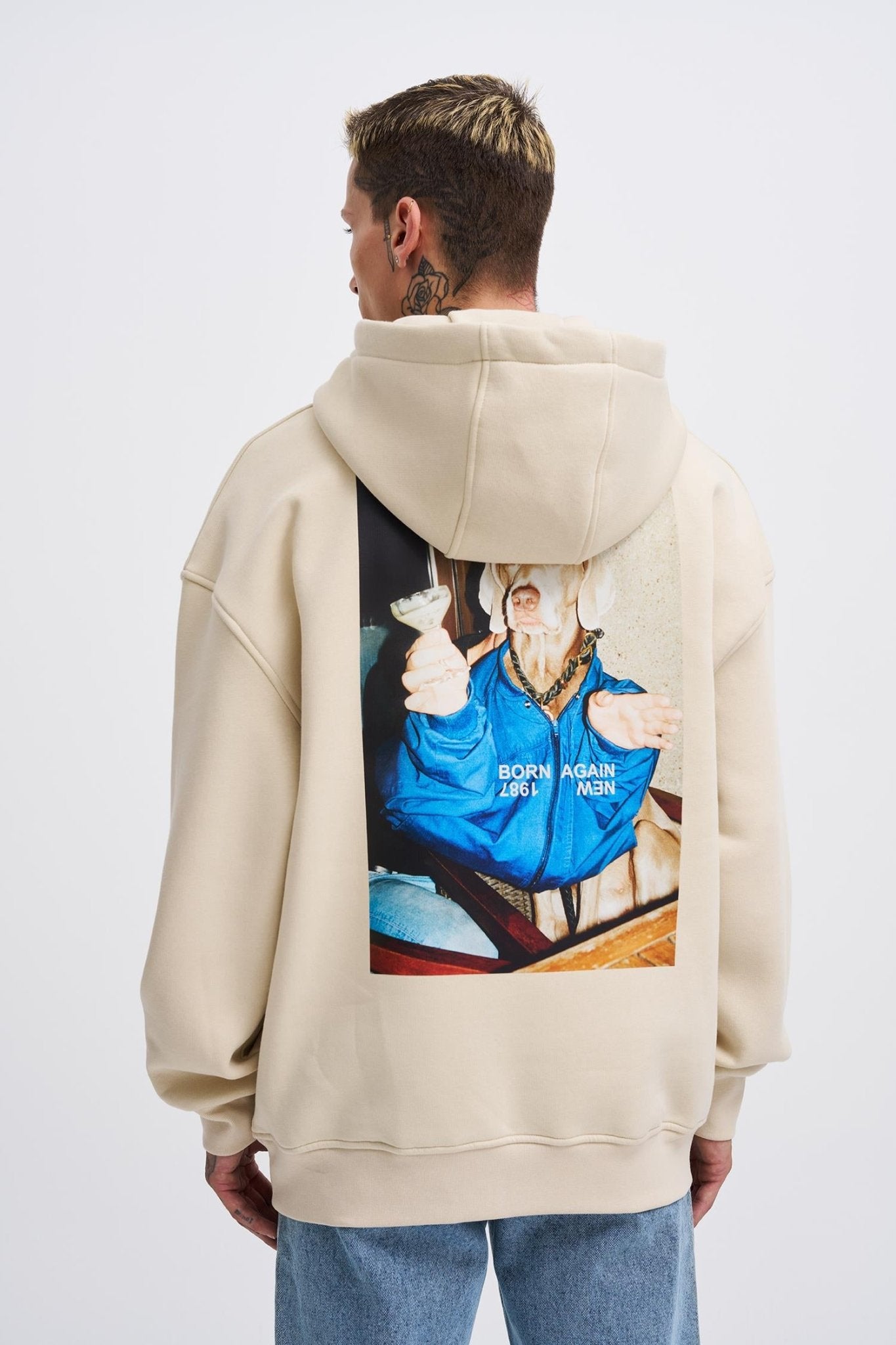 Erkek Oversize Born Again Baskılı Kapüşonlu Sweatshirt Açık Bej