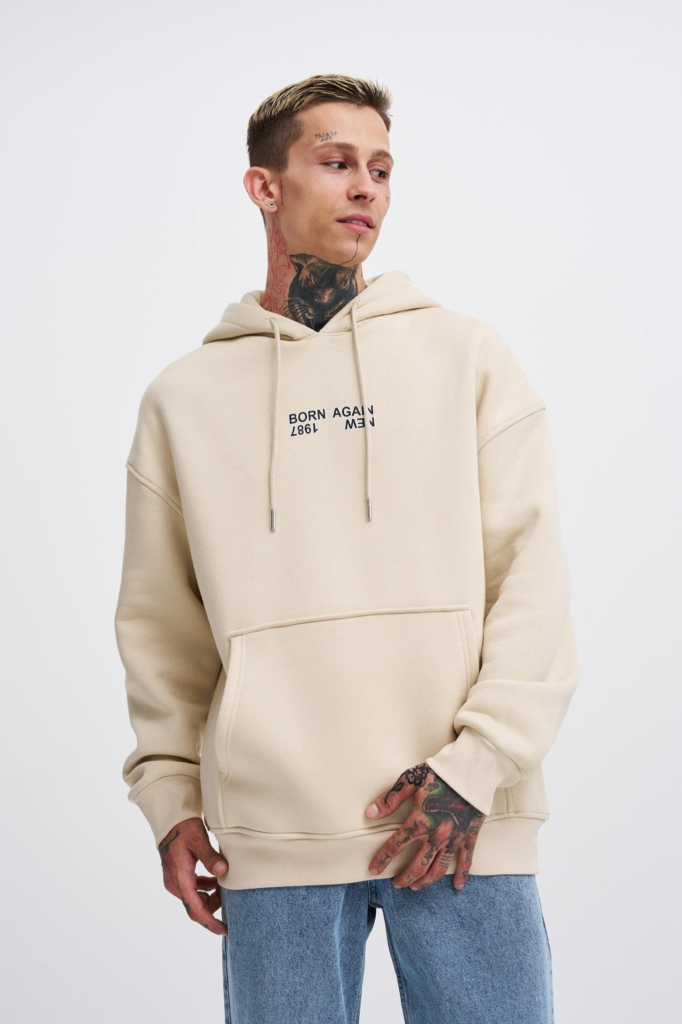Erkek Oversize Born Again Baskılı Kapüşonlu Sweatshirt Açık Bej