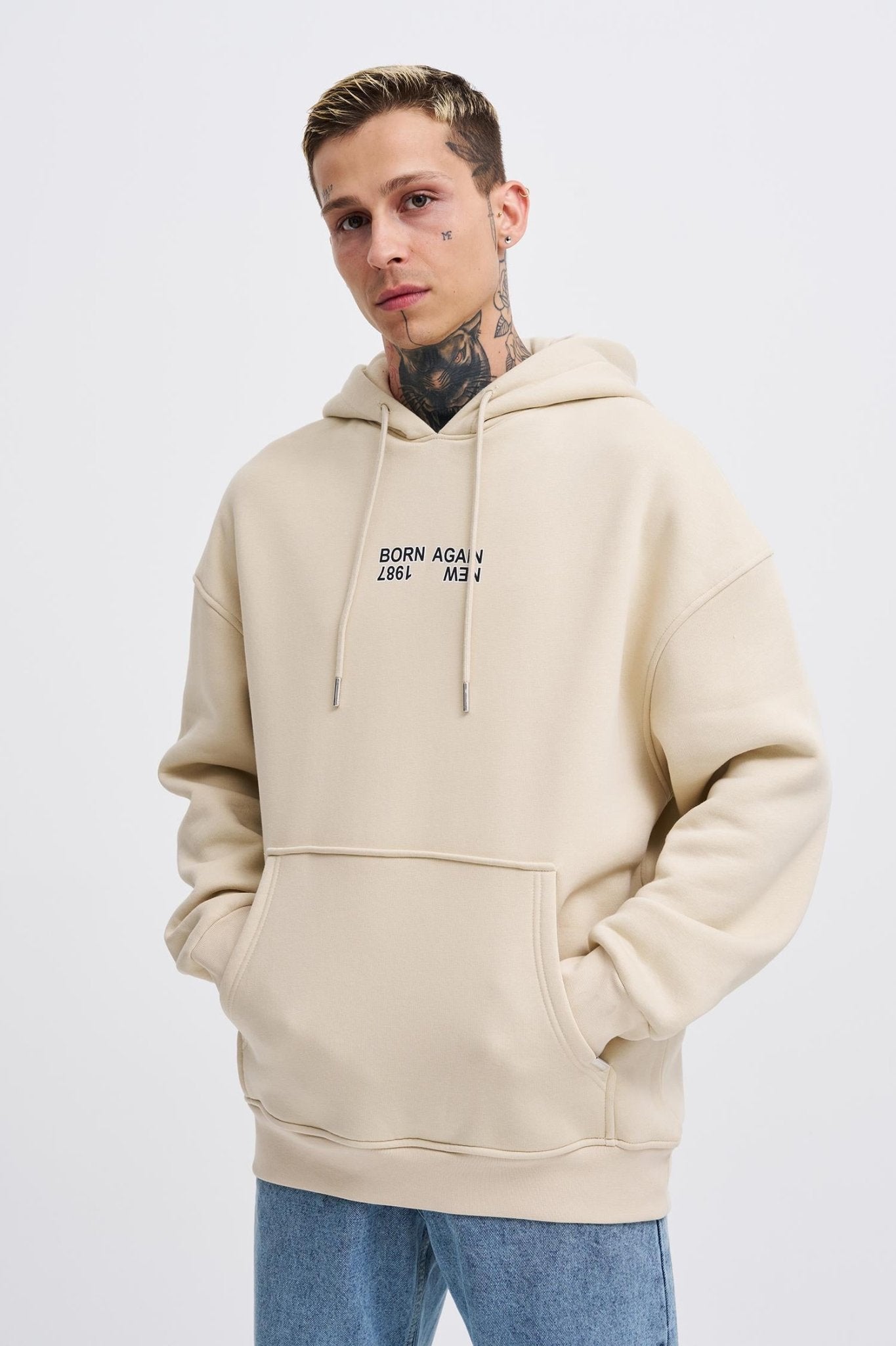 Erkek Oversize Born Again Baskılı Kapüşonlu Sweatshirt Açık Bej