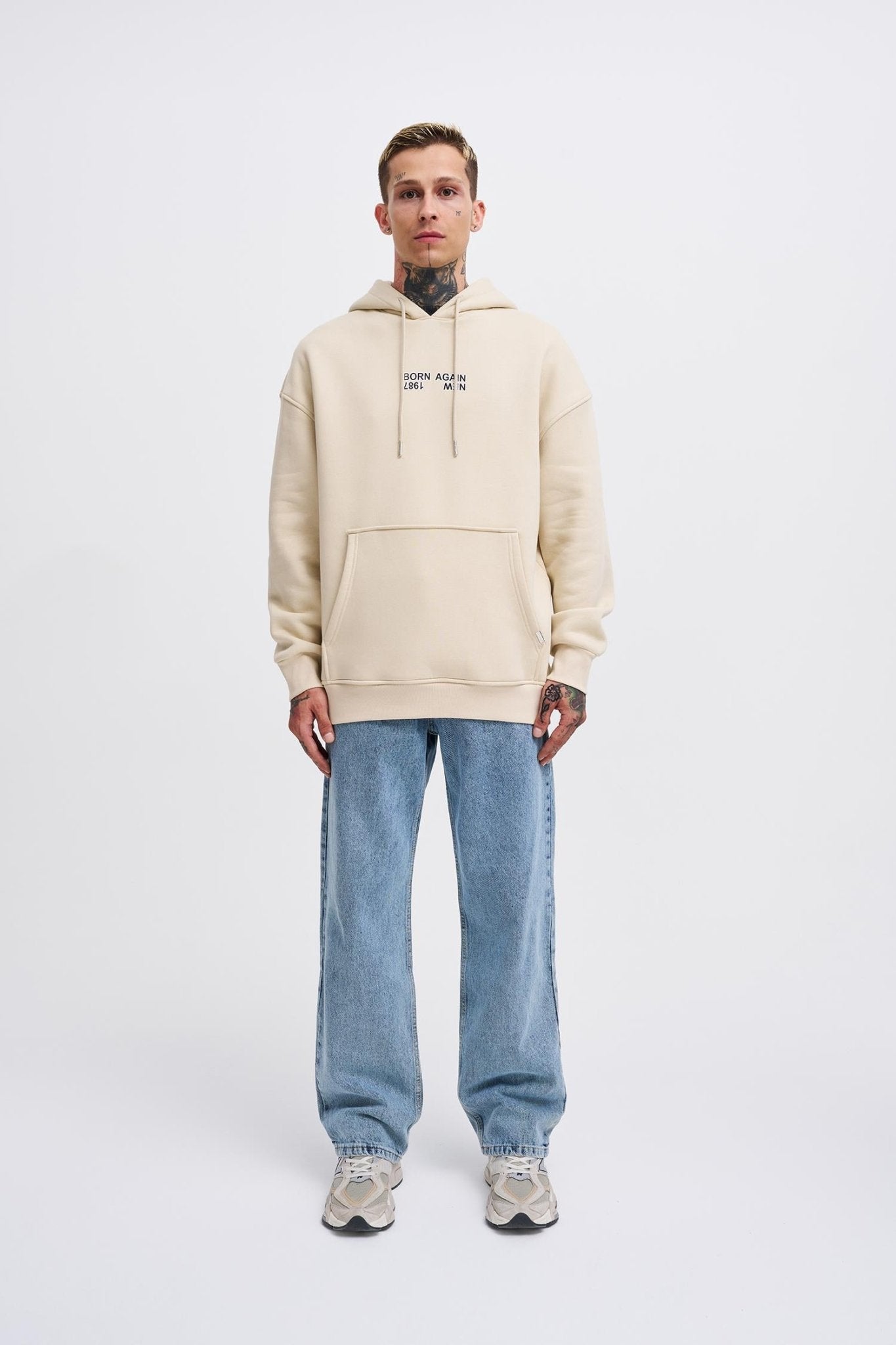 Erkek Oversize Born Again Baskılı Kapüşonlu Sweatshirt Açık Bej
