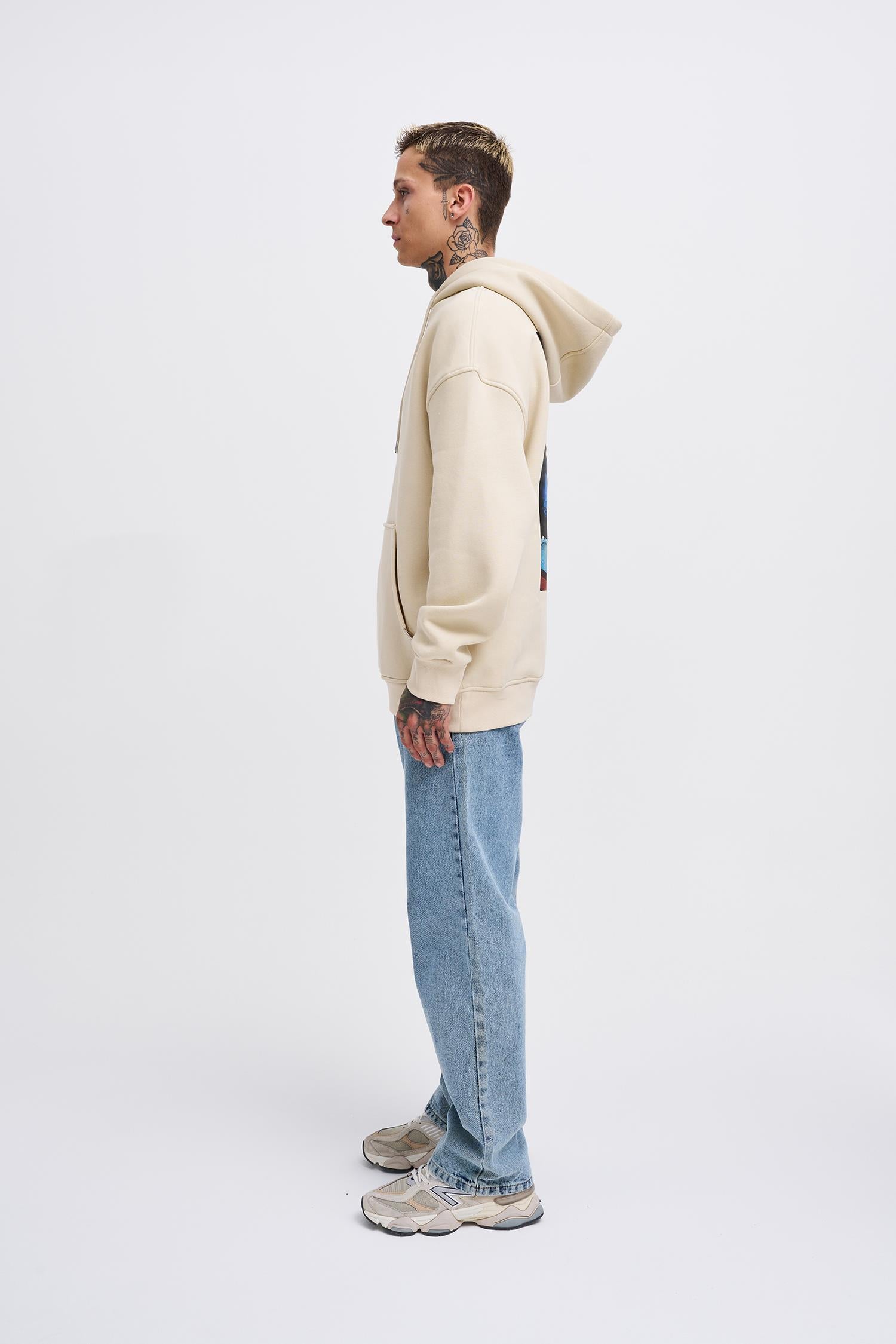 Erkek Oversize Born Again Baskılı Kapüşonlu Sweatshirt Açık Bej